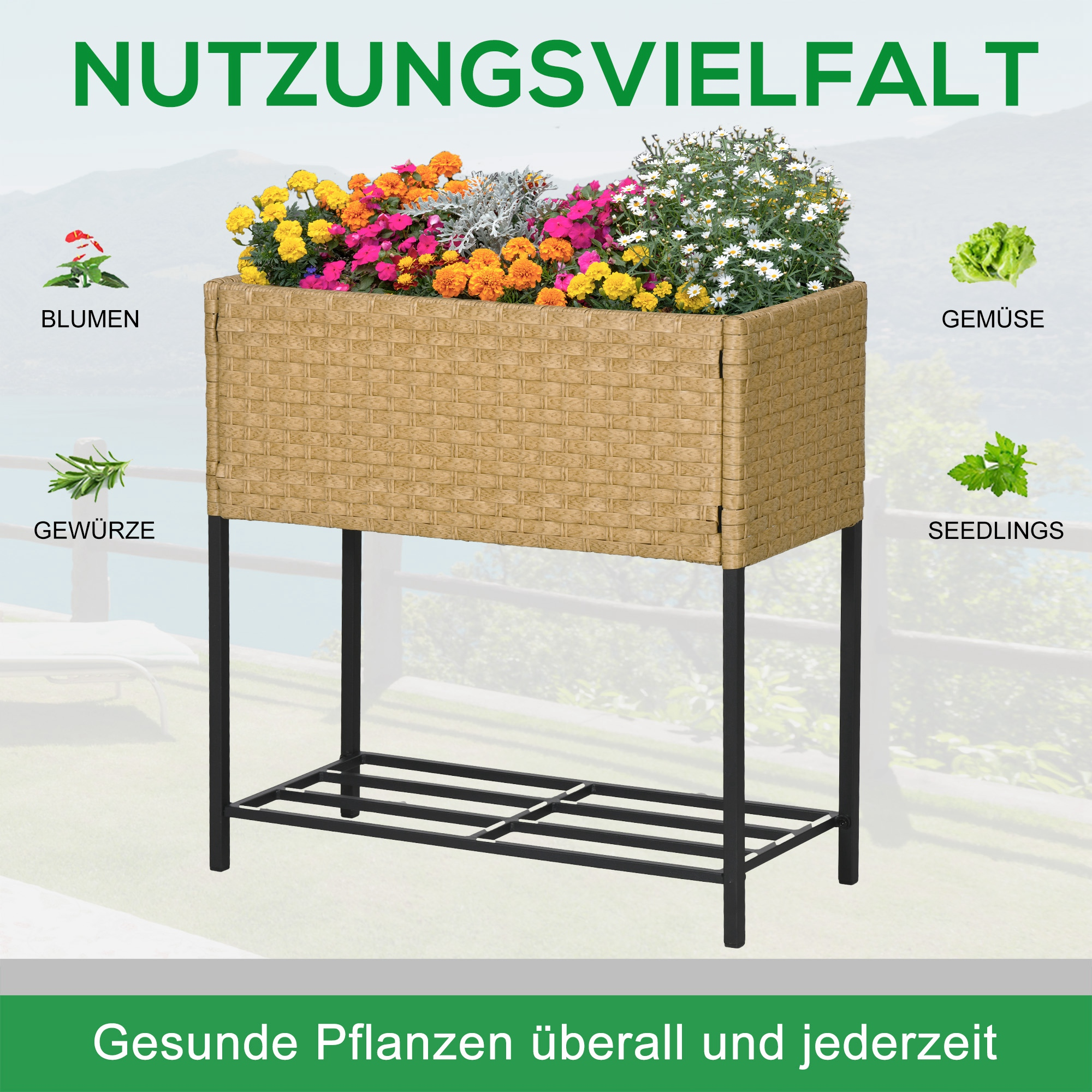 Ein Hochbeet mit Blumen und Pflanzen, mit deutschem Text zur Kennzeichnung verschiedener Pflanzenarten.
