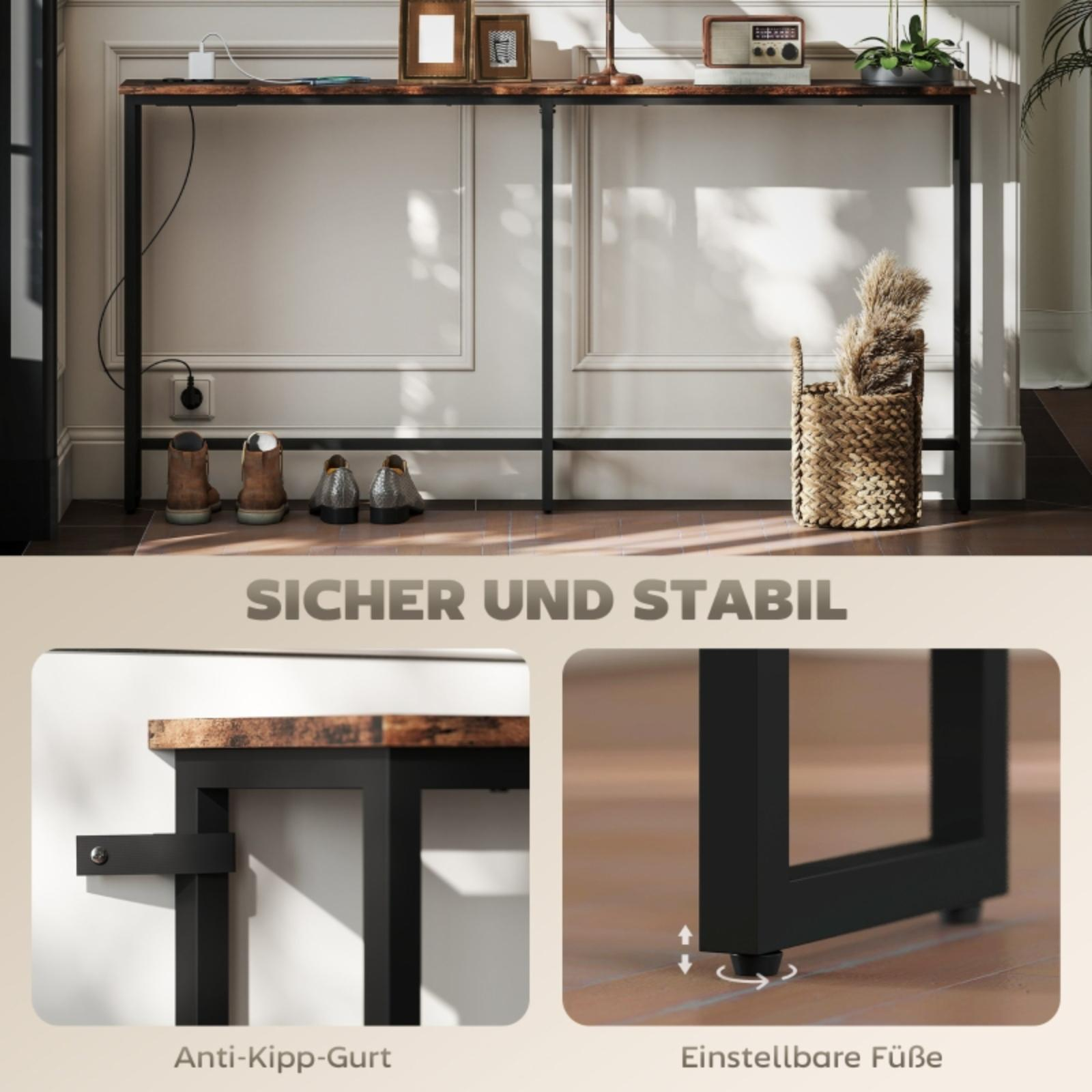 Ein brauner Konsolentisch mit schwarzen Beinen. Es gibt Schuhe und Dekorationen darauf.