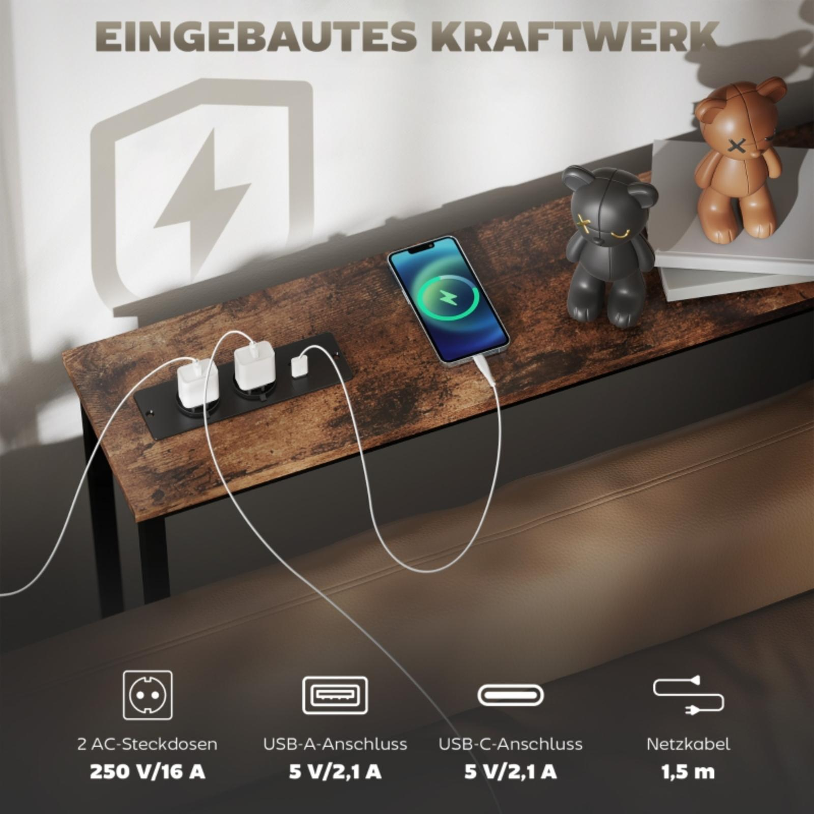 Holztisch mit Steckdosen und USB-Anschlüssen, lädt Telefon. Teddybären auf dem Tisch.