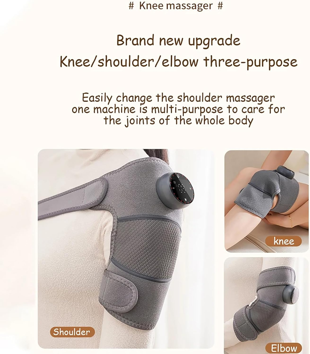 Anzeige für ein Drei-Zweck-Massagegerät für Knie, Schulter und Ellbogen.