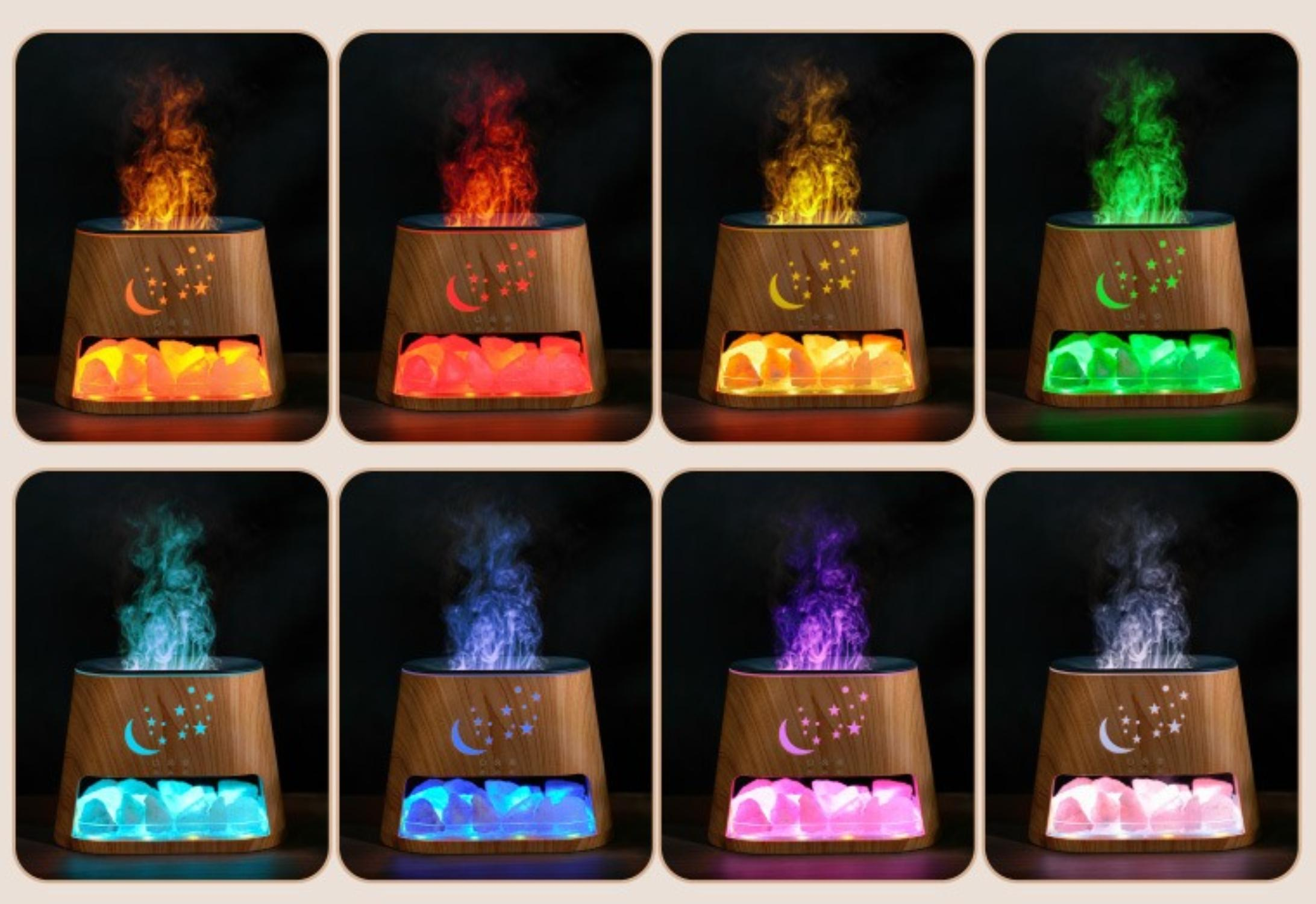 Acht Bilder eines Aromatherapie-Diffusors mit unterschiedlich farbigen, simulierten Flammen.
