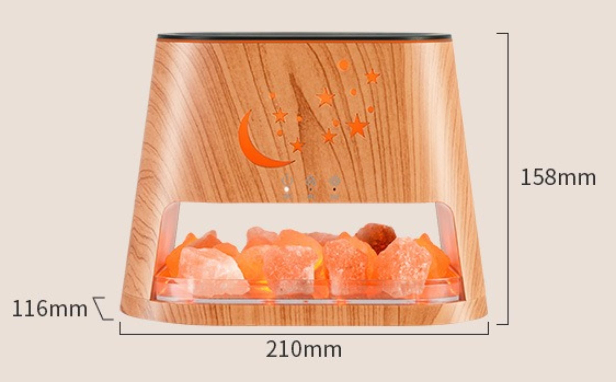 Ein Aromatherapie-Diffusor mit Flammeneffekt, Mond, Sternen, Salzsteinen und Abmessungen: 210 mm, 158 mm, 116 mm.
