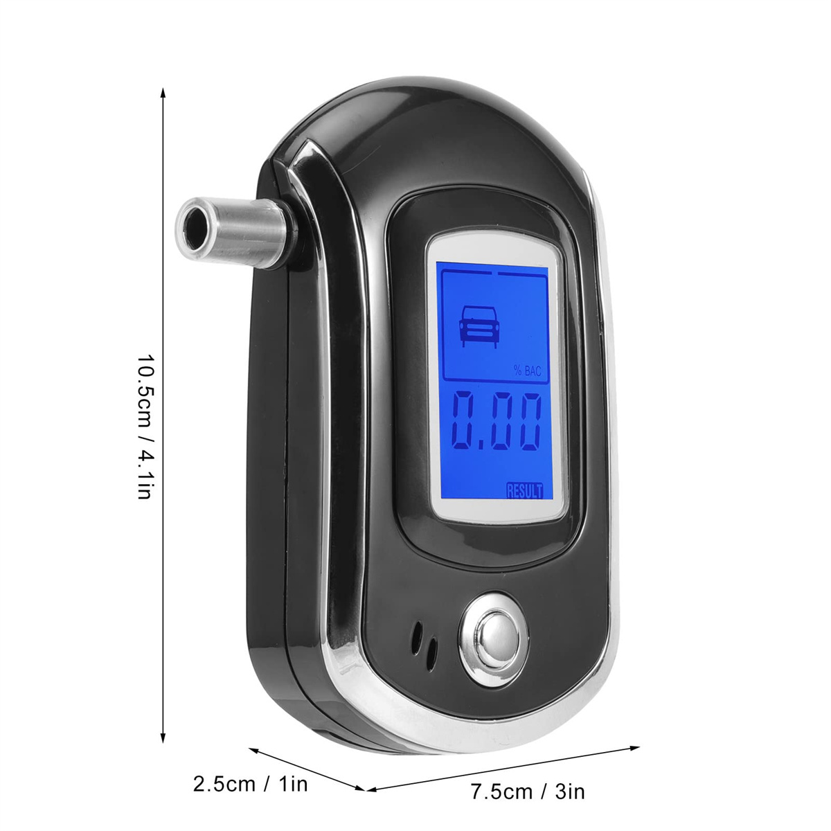 Schwarzer Alkoholtester mit blauem Display, zeigt 0,00 an. Er ist 7,5 cm breit und 10,5 cm hoch.