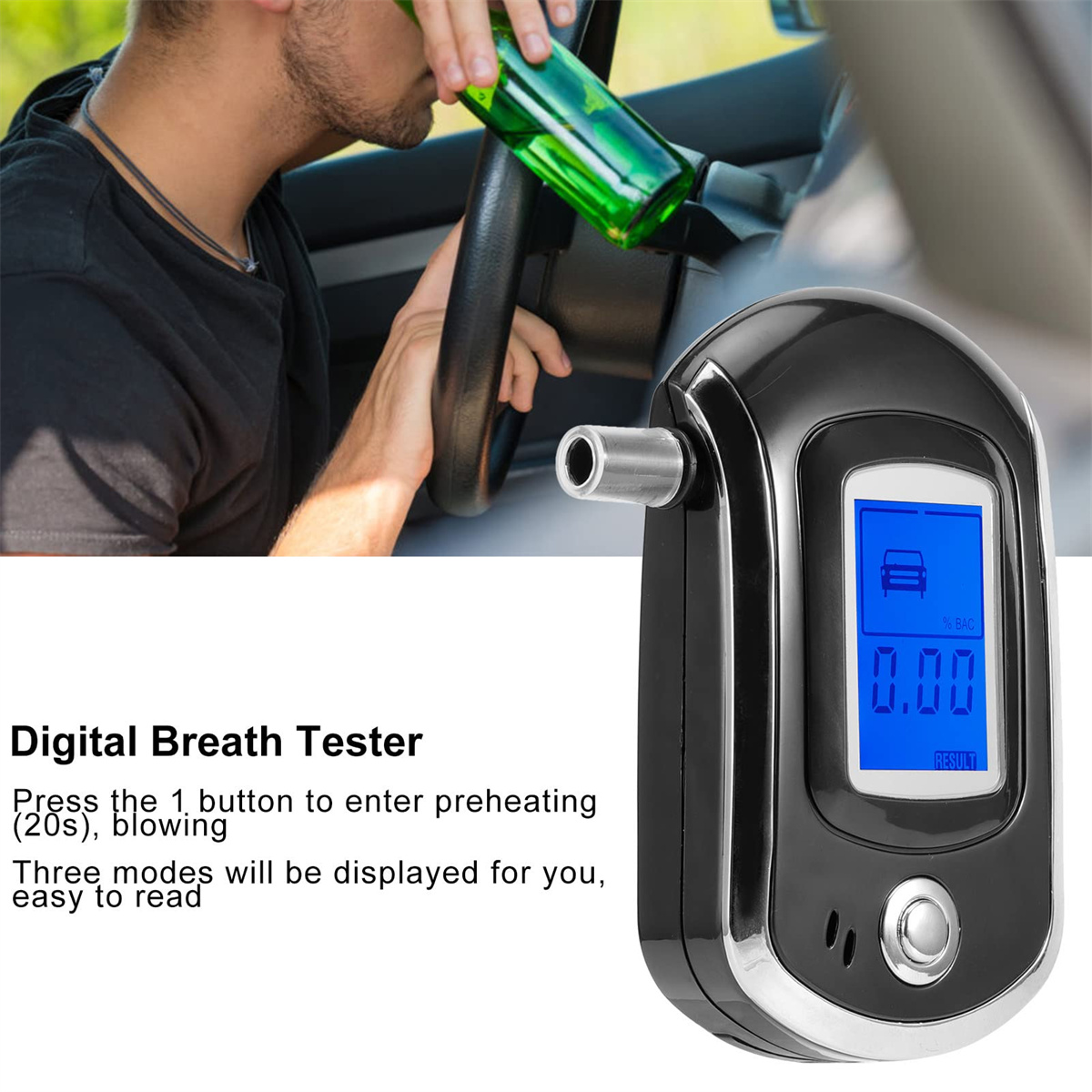 Ein Mann hält eine Bierflasche in der Nähe des Lenkrads und ein Alkoholtester zeigt 0,00 BAC.