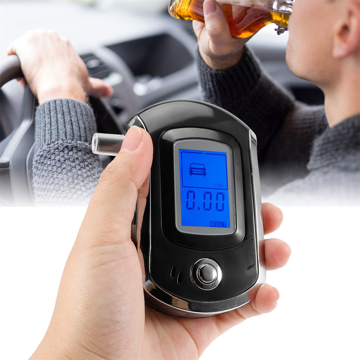 Ein Hand-Alkoholtester mit 0,00% BAC-Anzeige, mit einer Person, die im Hintergrund Alkohol trinkt.