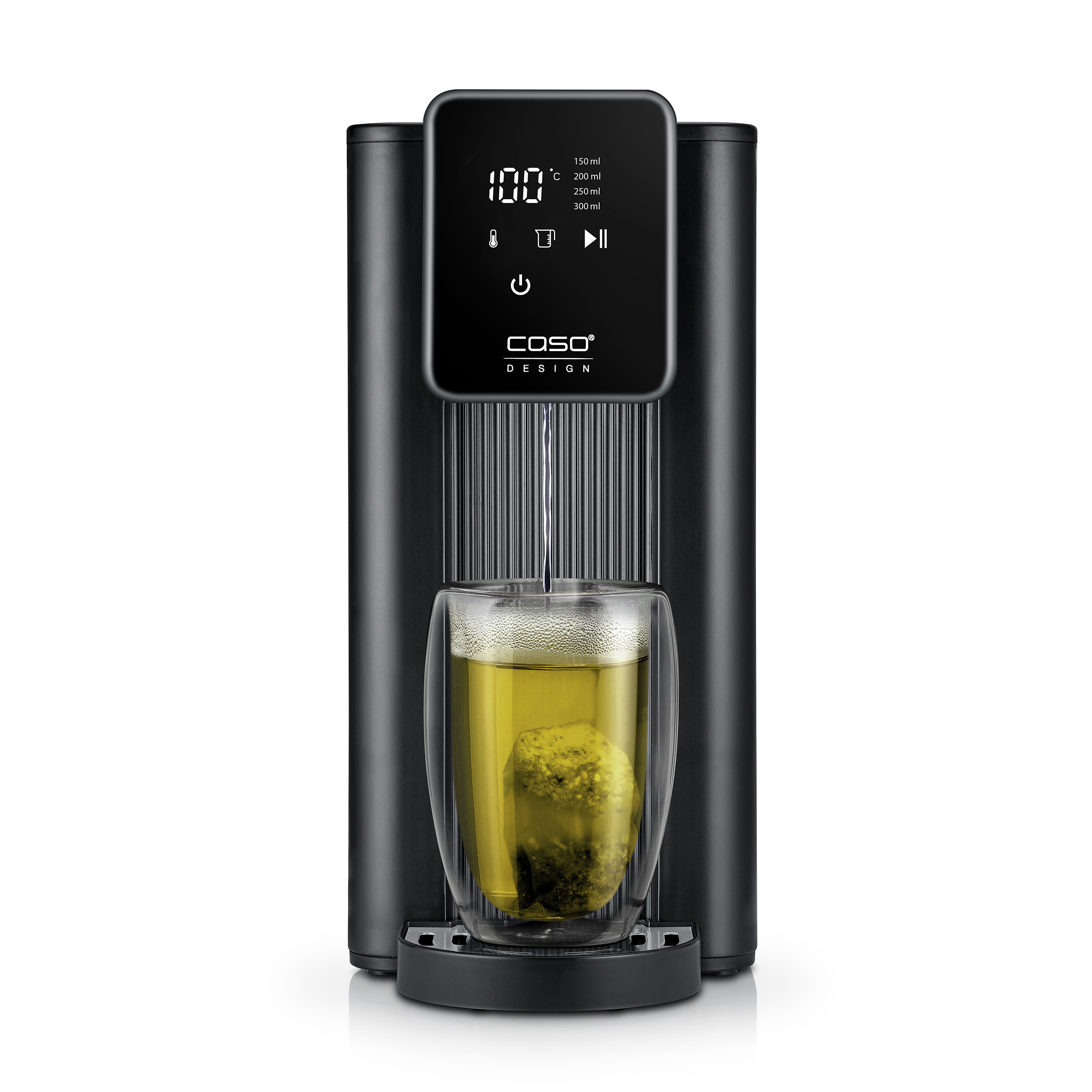Ein schwarzer Wasserkocher mit einem Glasbecher. Er hat ein digitales Display mit 100°C.