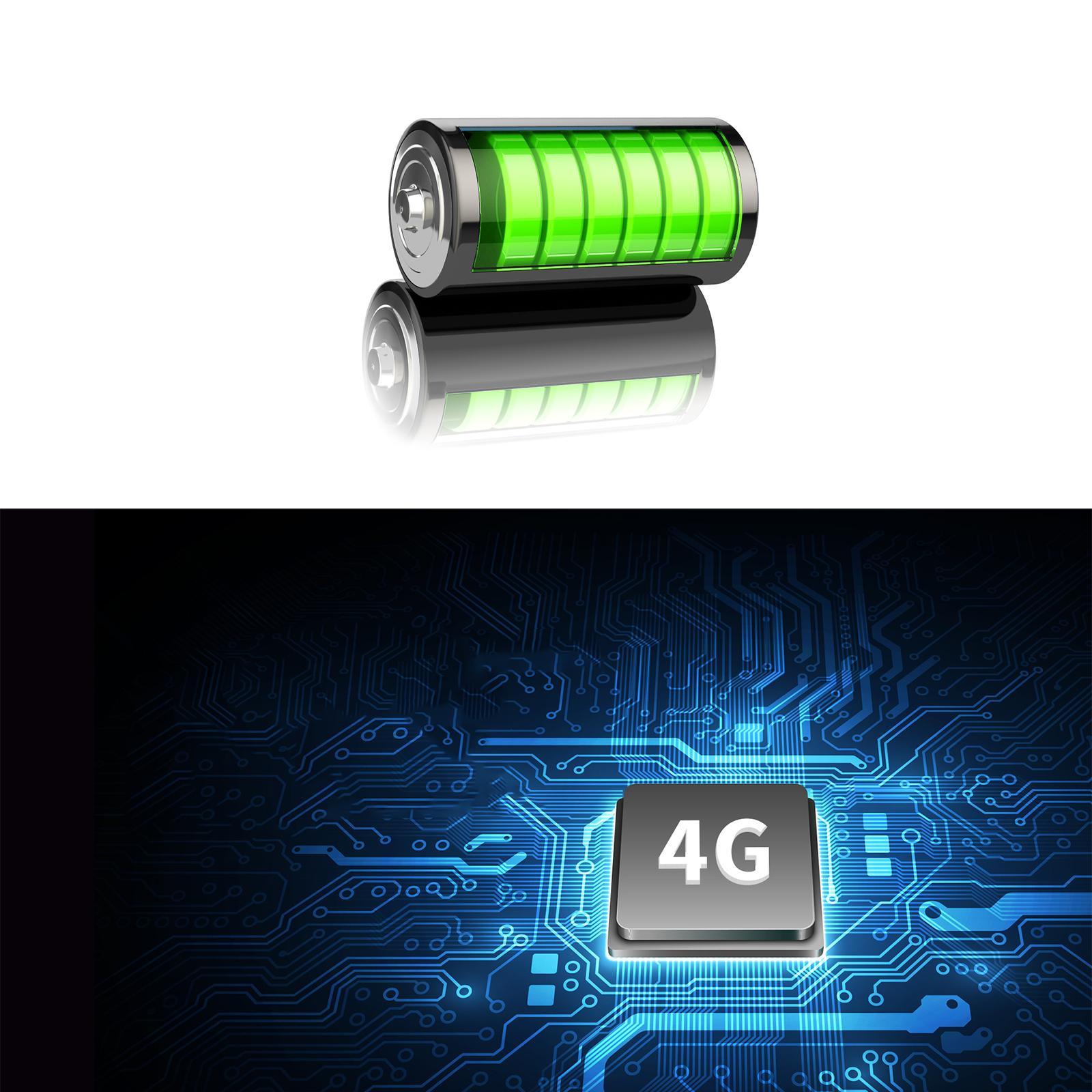 Ein grünes Batteriesymbol über einer blauen Leiterplatte mit einem 4G-Chip.