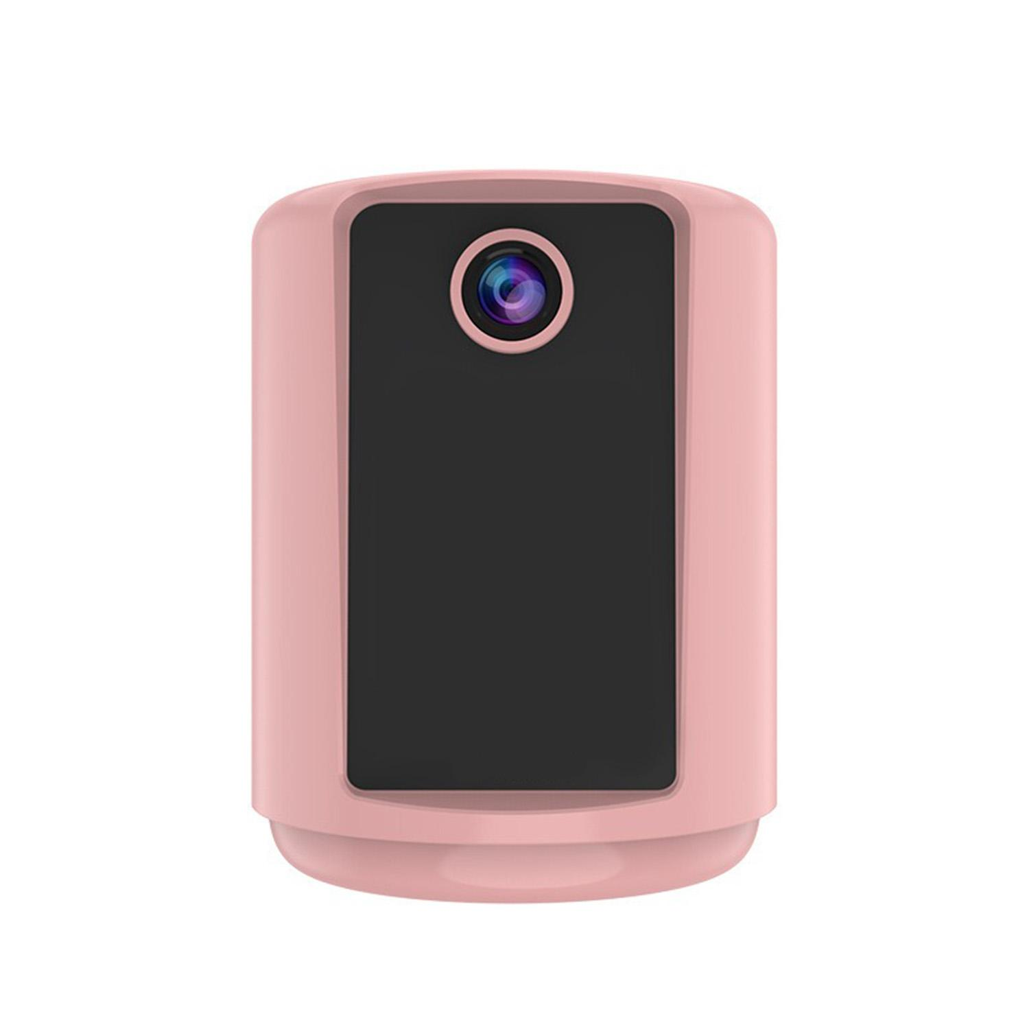 Eine kleine rosa Überwachungskamera mit einer schwarzen Linse auf einem weißen Hintergrund.