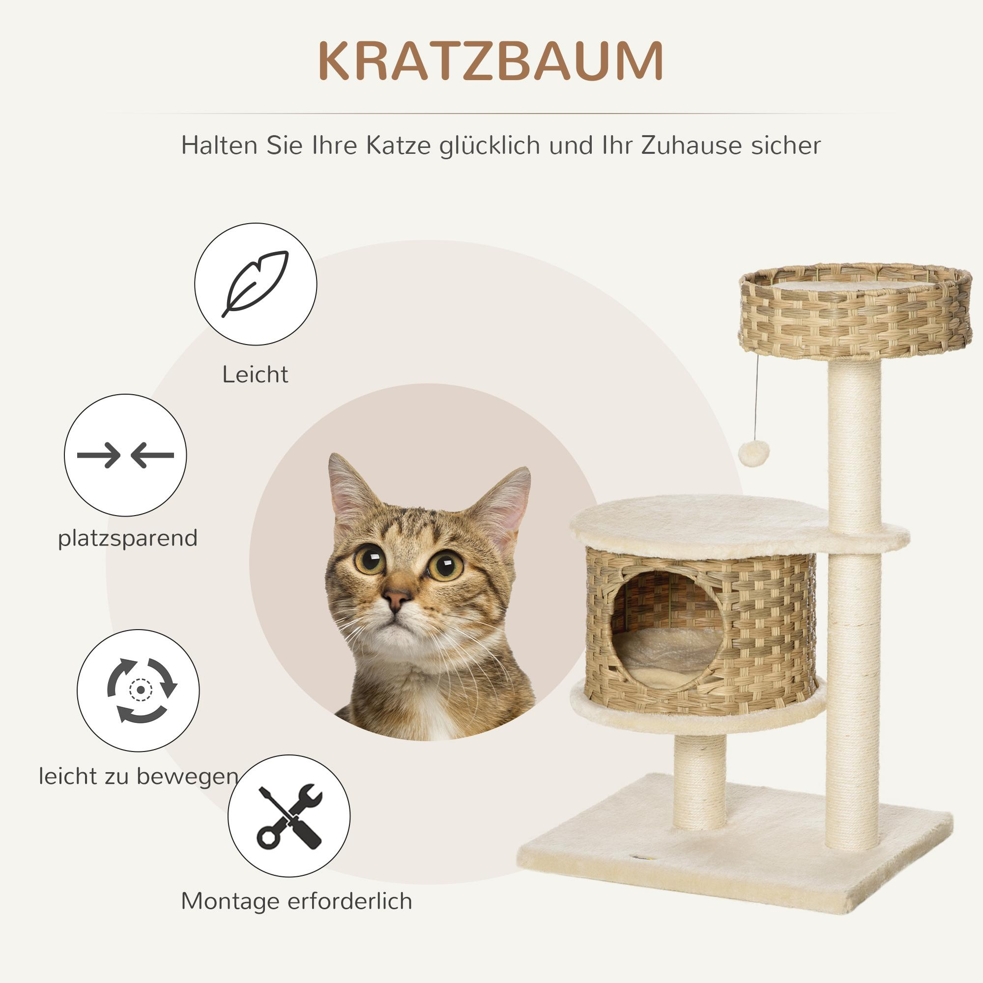 Ein Kratzbaum mit Katze im Studio, die Katze hat einen neutralen Ausdruck. Es gibt Symbole.