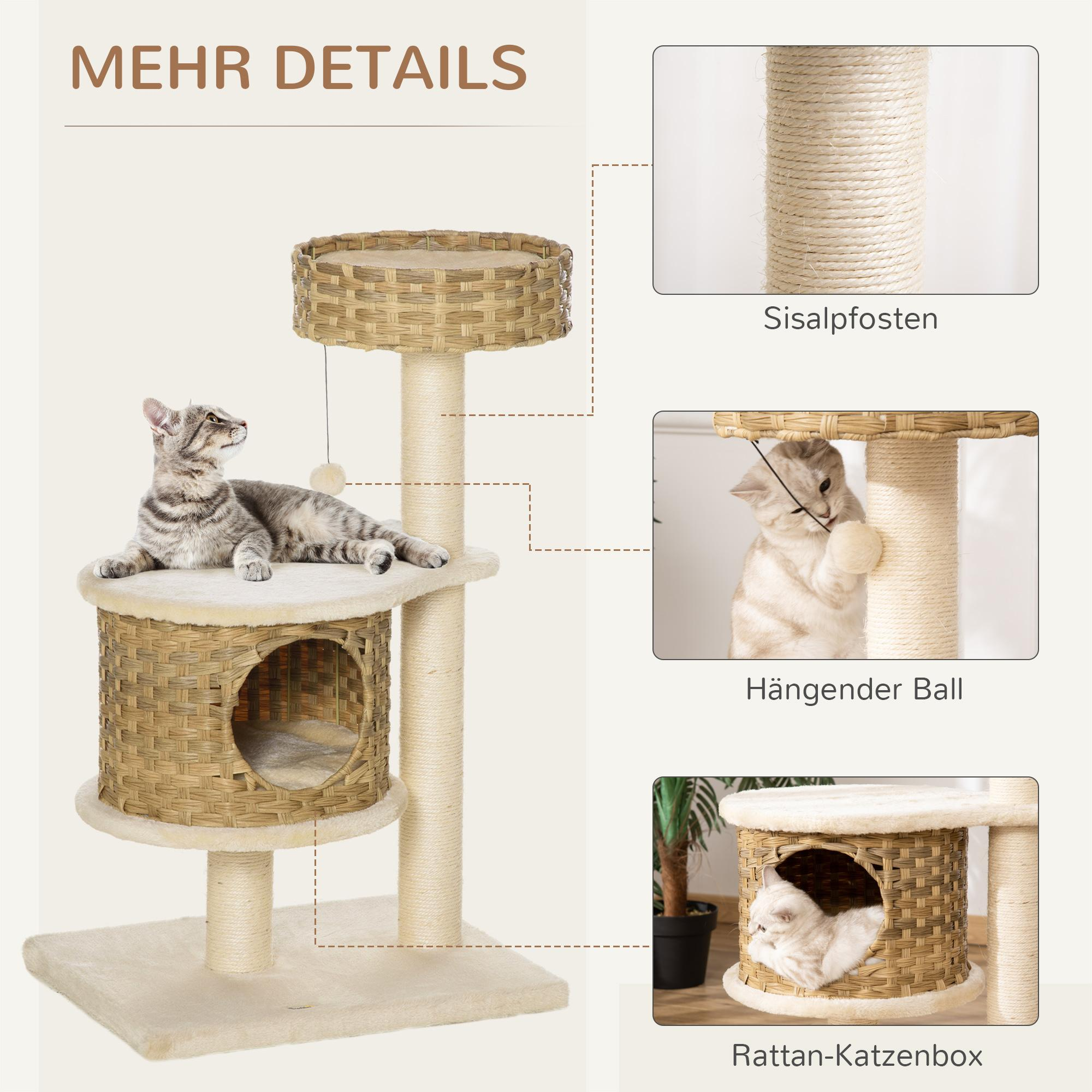 Ein Katzenbaum mit Katze, Nahaufnahmen von Sisalpfosten und Hängeball.