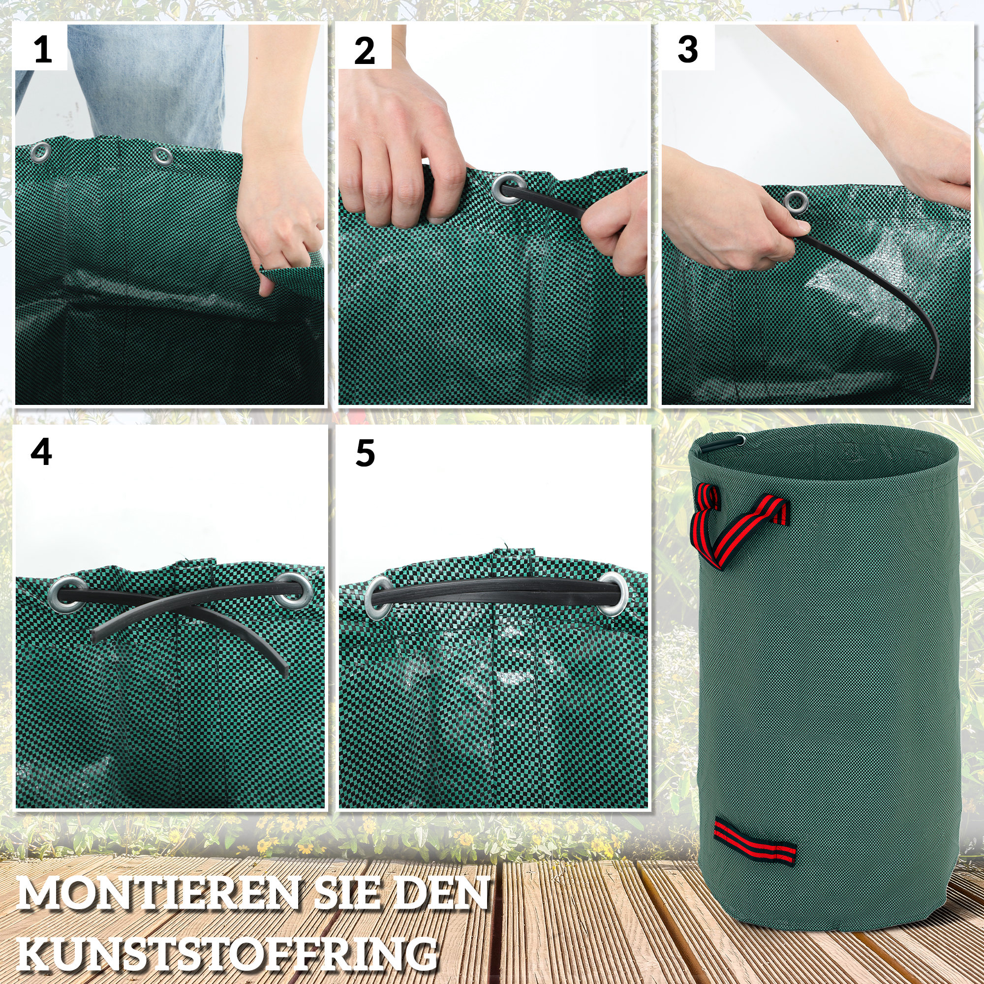 Eine Sequenz, die zeigt, wie man einen grünen Beutel mit schwarzer Schnur und Ösen zusammenbaut.
