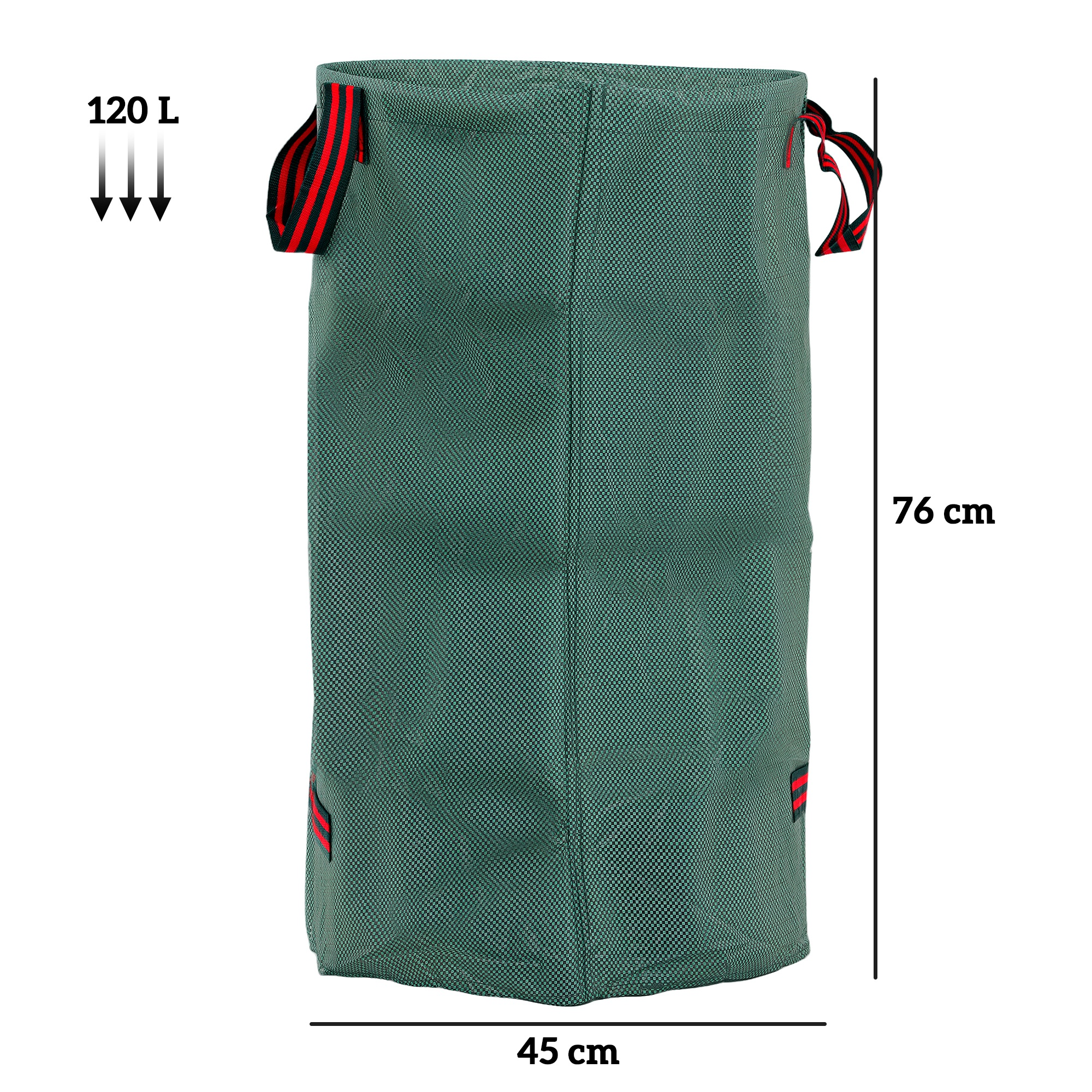 Ein grüner Aufbewahrungssack mit rot-schwarzen Griffen. Er hat die Maße: 120L, 76cm hoch, 45cm breit.