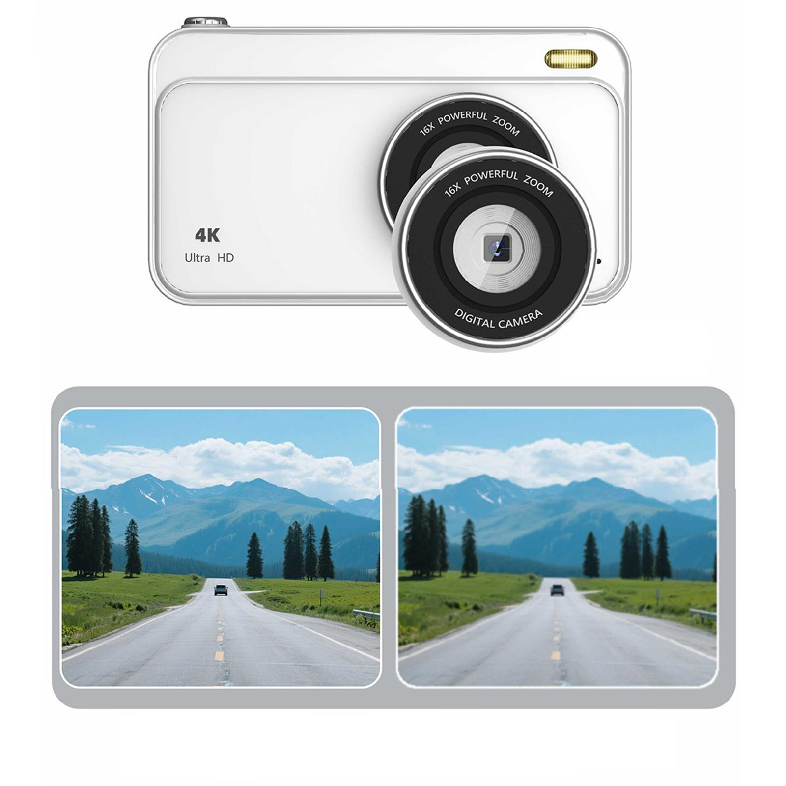 Eine weiße 4K Ultra HD Kamera mit Zoomobjektiv, die eine Straße mit Autos und Landschaftsansichten auf ihrem Bildschirm zeigt.