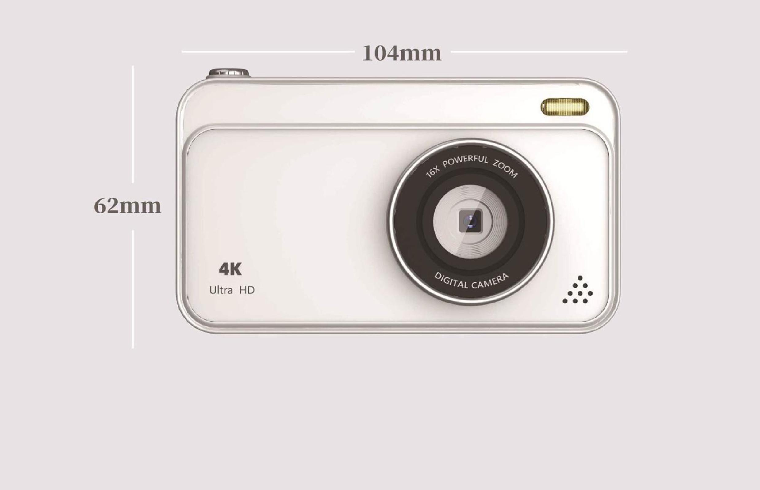 Eine weiße Kamera mit 16x Zoomobjektiv und 4K Ultra HD. Abmessungen sind 104 mm x 62 mm. Weißer Hintergrund.