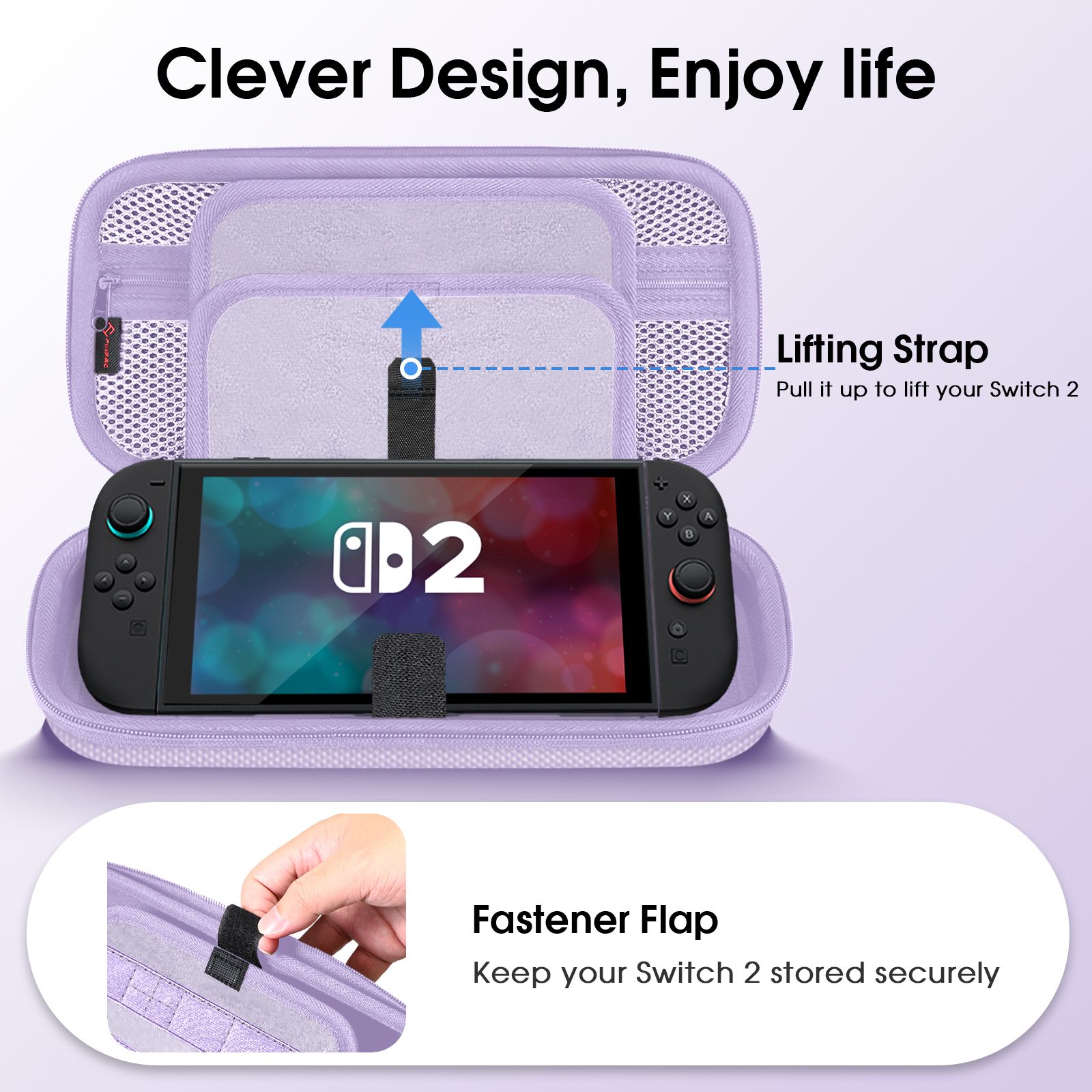 Lila Switch 2-Tragetasche geöffnet, Konsole und Controller zeigend. Mit Hebegurt und Verschlusslasche.