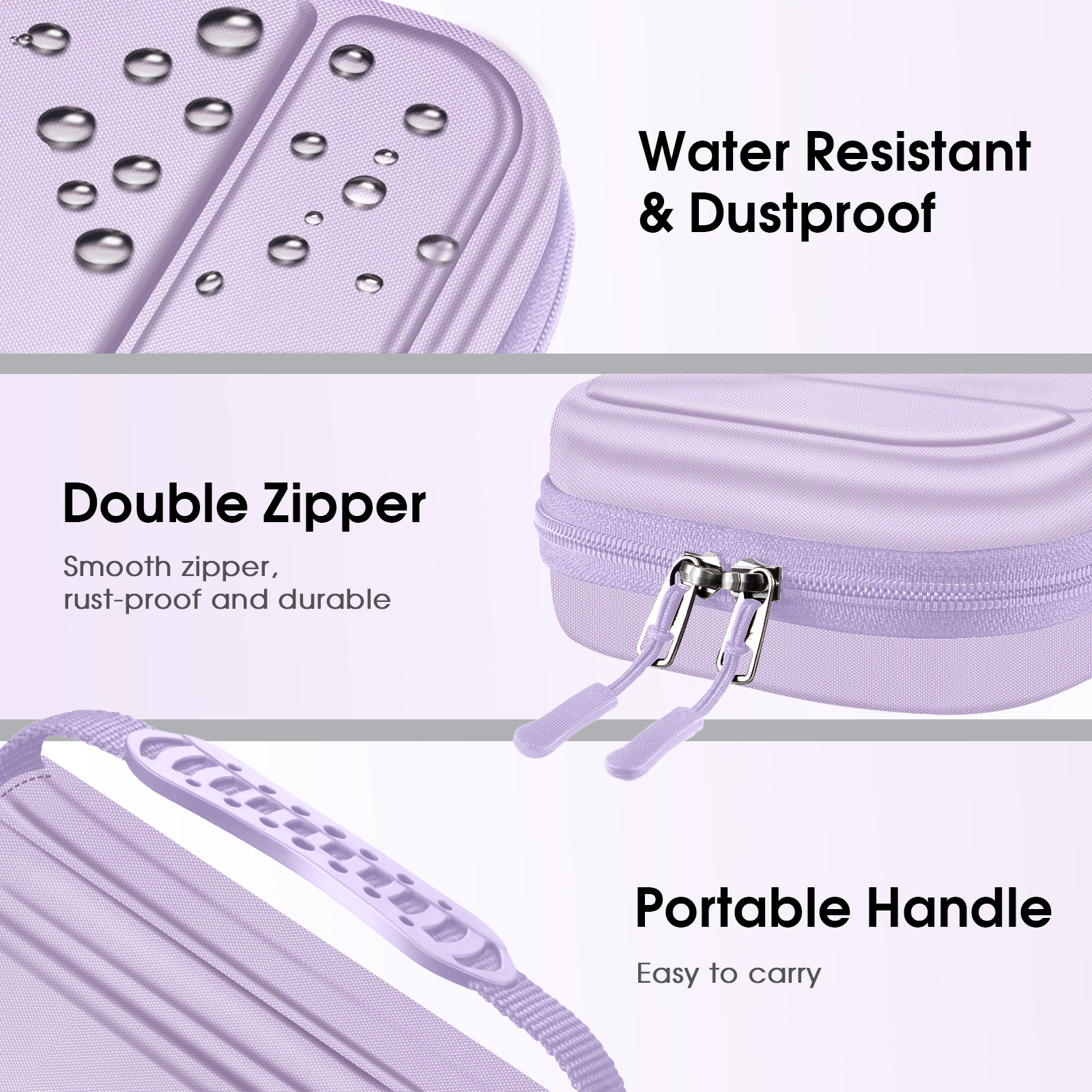 Ein lila Koffer mit den Worten 'Water Resistant & Dustproof' und 'Double Zipper'. Weißer Hintergrund.