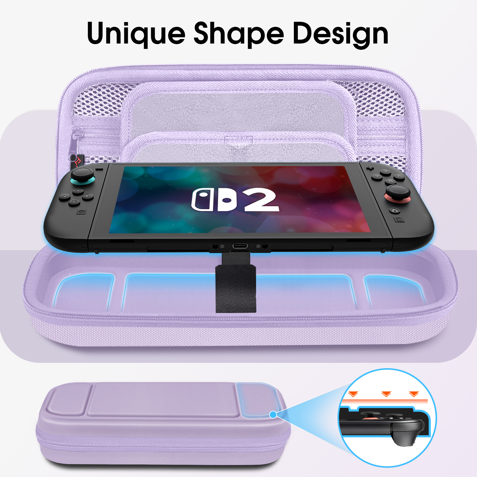 Lila Switch 2-Hülle geöffnet, Konsole und Controller zeigend. Einzigartiges Design mit Verschlusslasche.