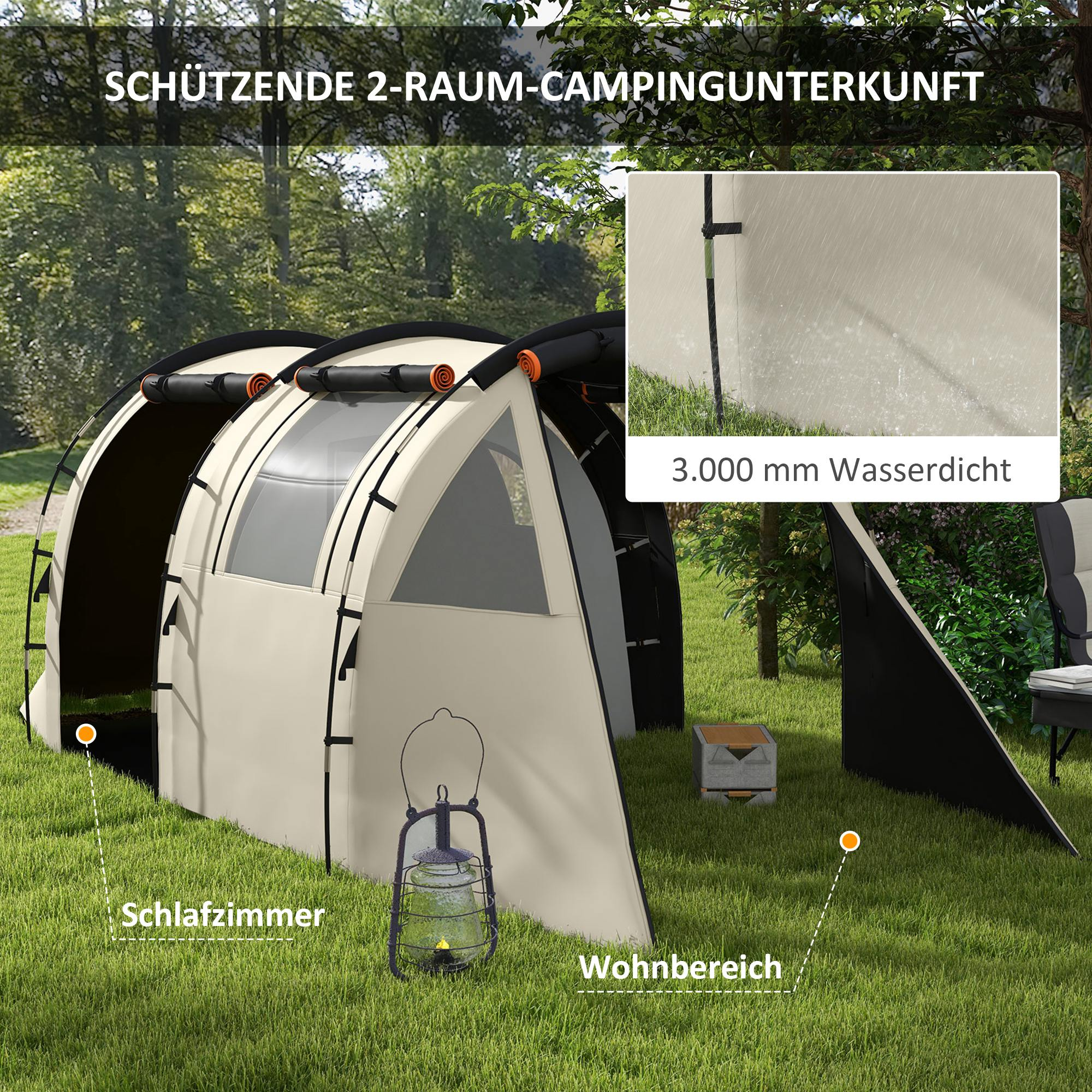 Beiges Campingzelt auf einer Rasenfläche mit kleinem Inset, das Wasserbeständigkeit zeigt. Laterne sichtbar.