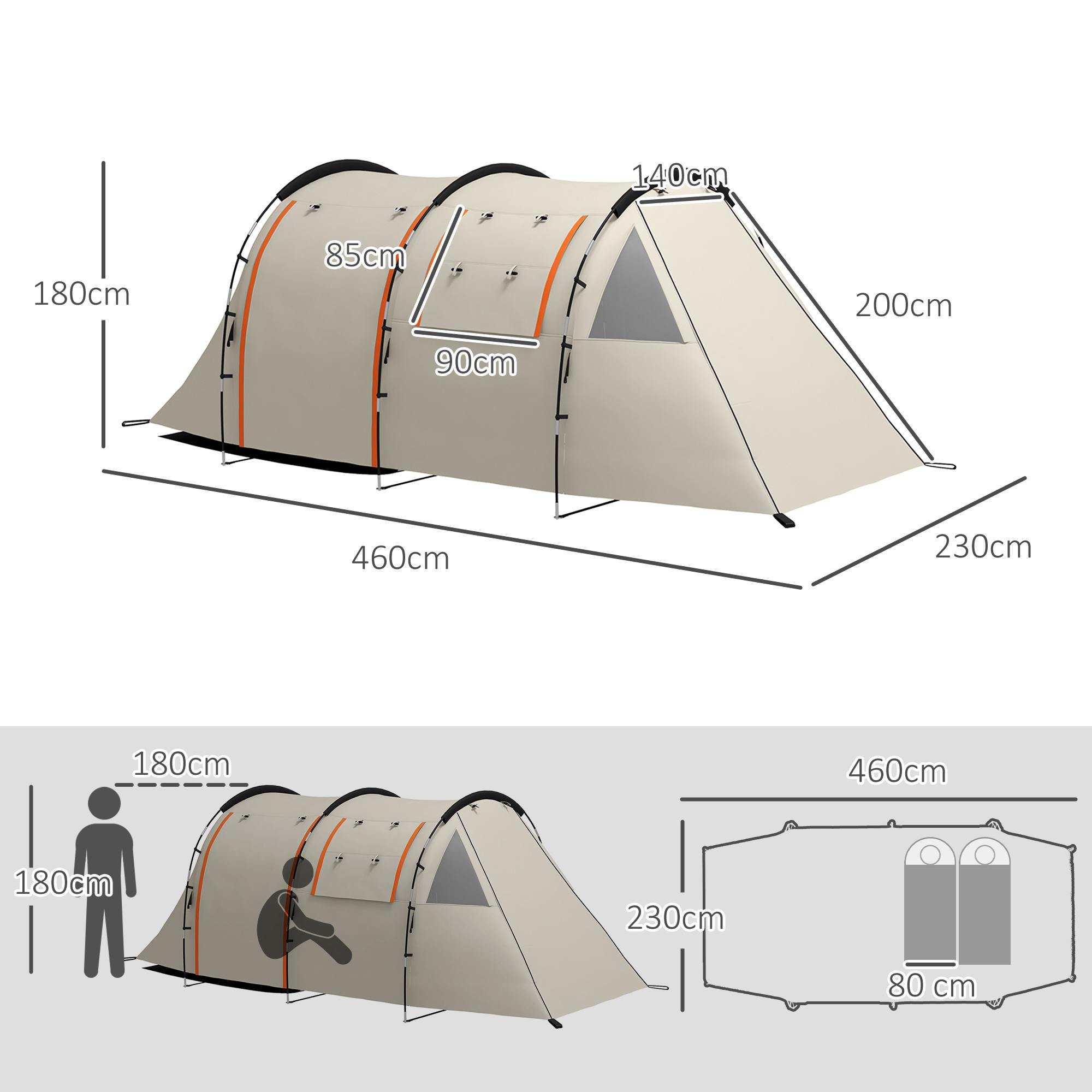 Diagramm eines beigen Campingzeltes mit Abmessungen: Höhe, Länge und Breite. Enthält eine menschliche Figur zur Skalierung.