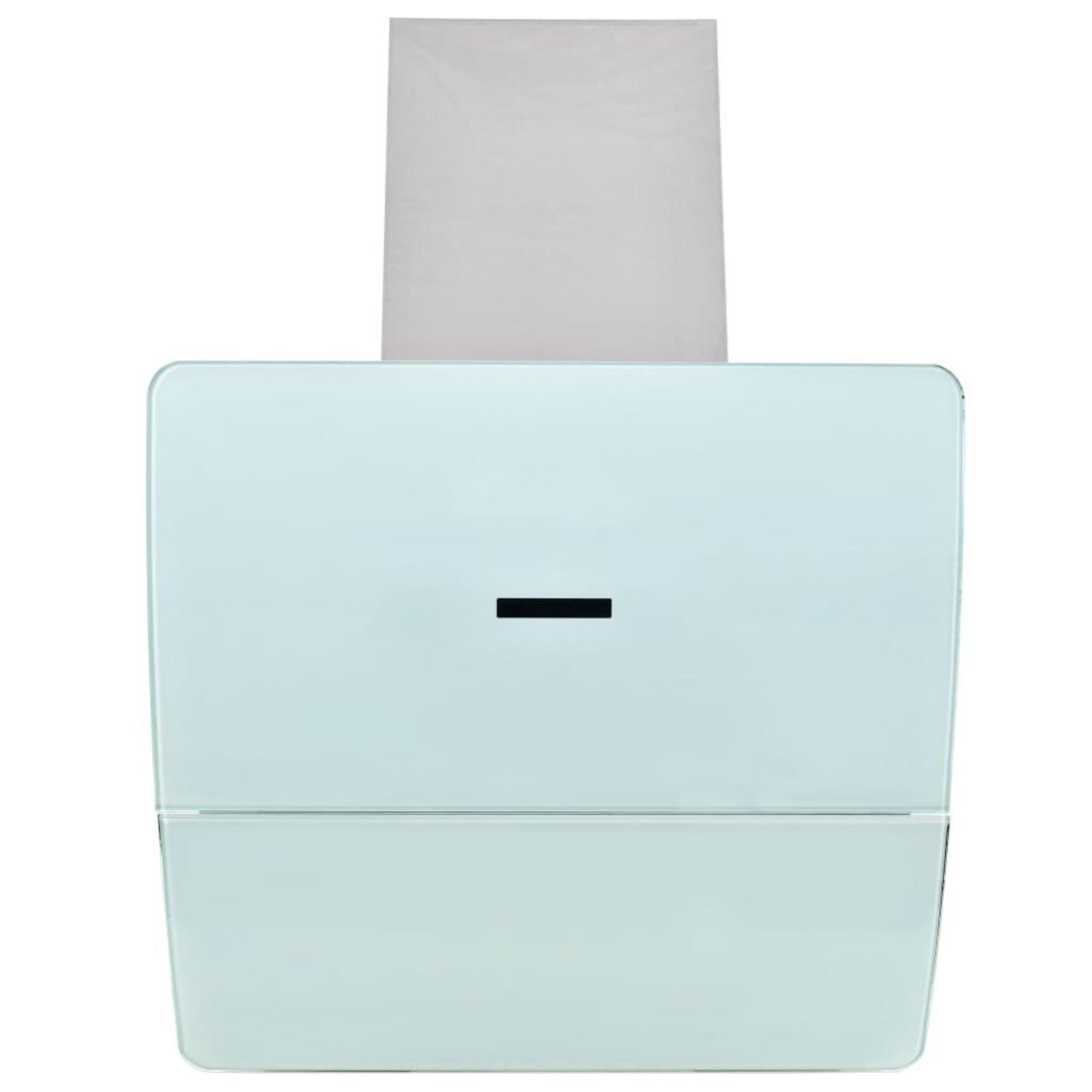 Eine moderne, weiße Dunstabzugshaube mit einer eleganten Glasoberfläche und einem minimalistischen schwarzen Bedienfeld.