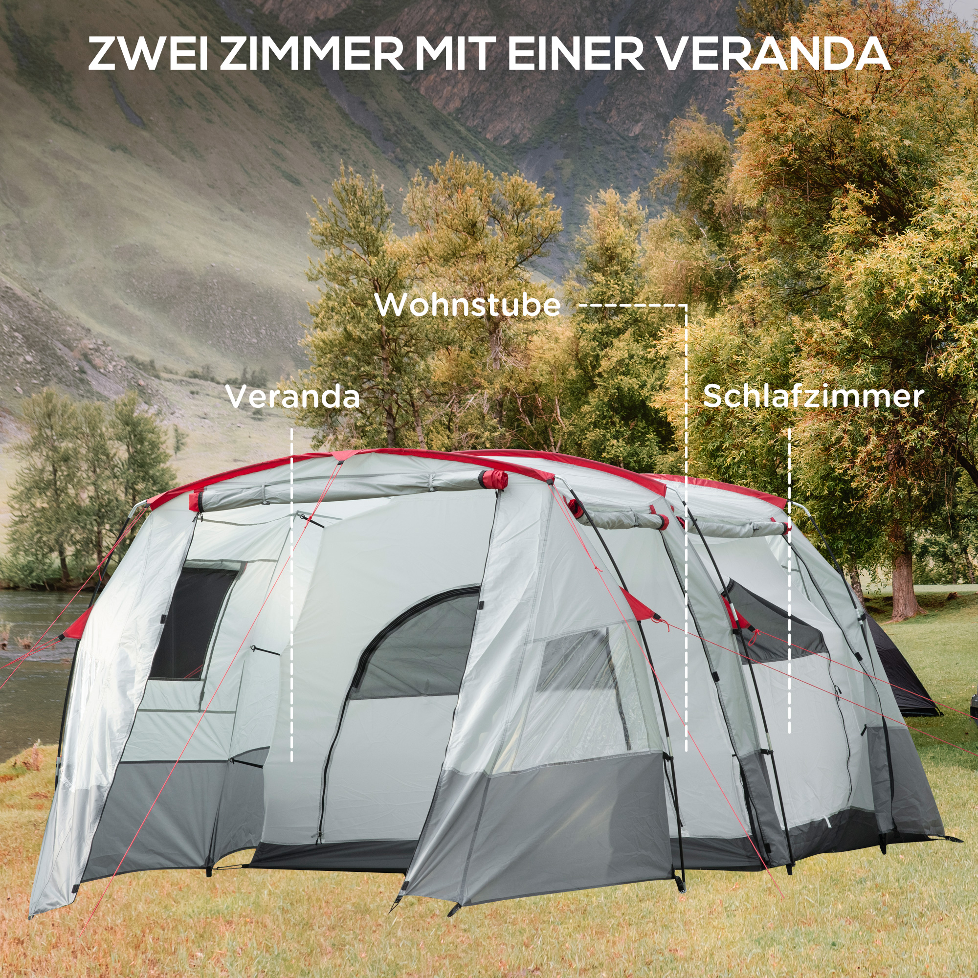 Ein großes Zelt mit zwei Zimmern und einer Veranda. Text beschriftet die Zimmer und die Veranda. Bäume im Hintergrund.