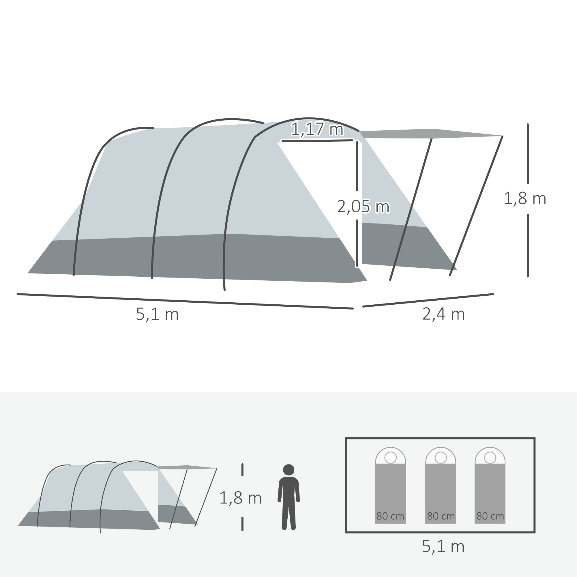 Diagramm eines Zeltes mit Abmessungen und ein Diagramm des Inneren mit Schlafsäcken.