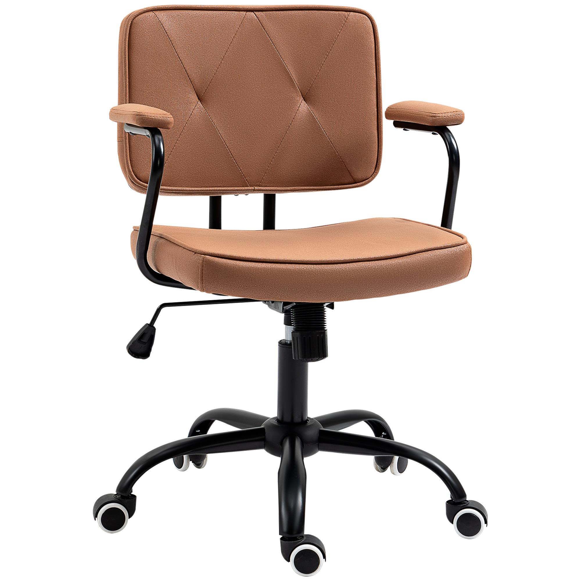 Ein Bürostuhl mit braunem Sitz und Rücken, schwarzen Armlehnen und Gestell mit Rollen.