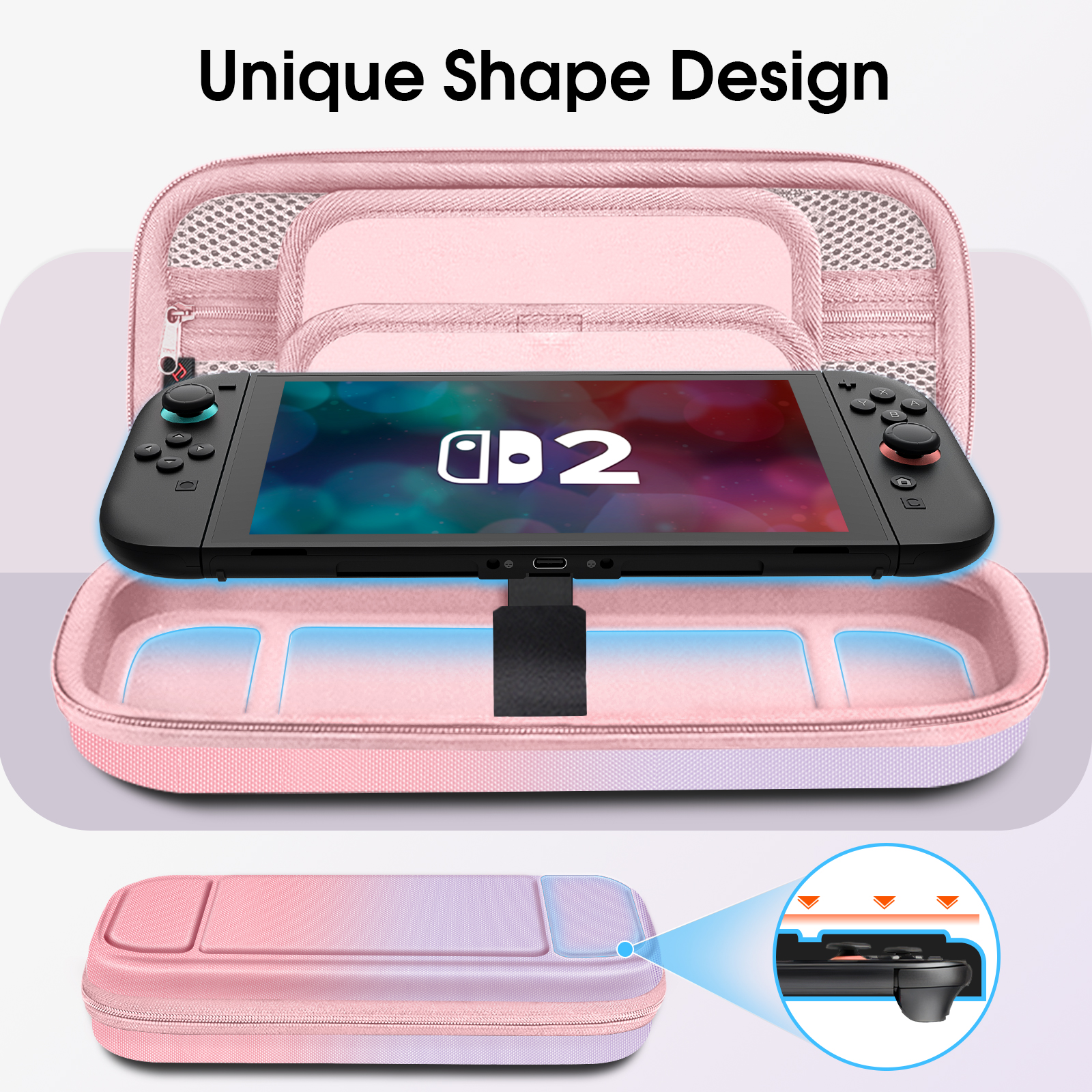 Rosa Hülle mit Switch. Einzigartiges Design. Nahaufnahme zeigt Controller.