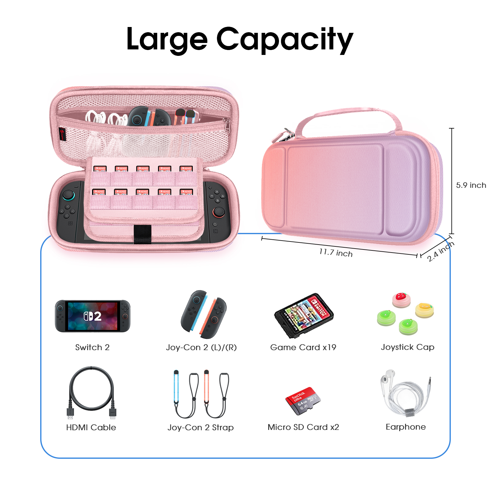 Eine rosa Switch 2-Hülle mit Zubehör: Switch 2, Joy-Cons, Spielkarten, Joystick-Kappen usw.