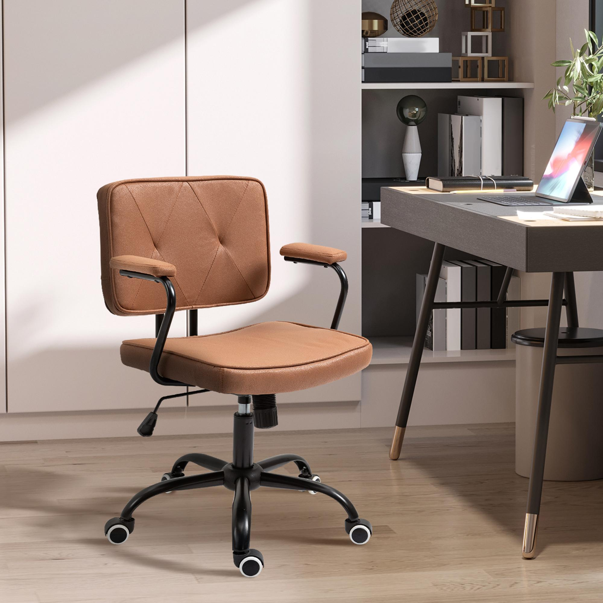 Ein Bürostuhl mit braunem Sitz und schwarzem Gestell. Er ist in einem Büro. Ein Schreibtisch ist sichtbar.