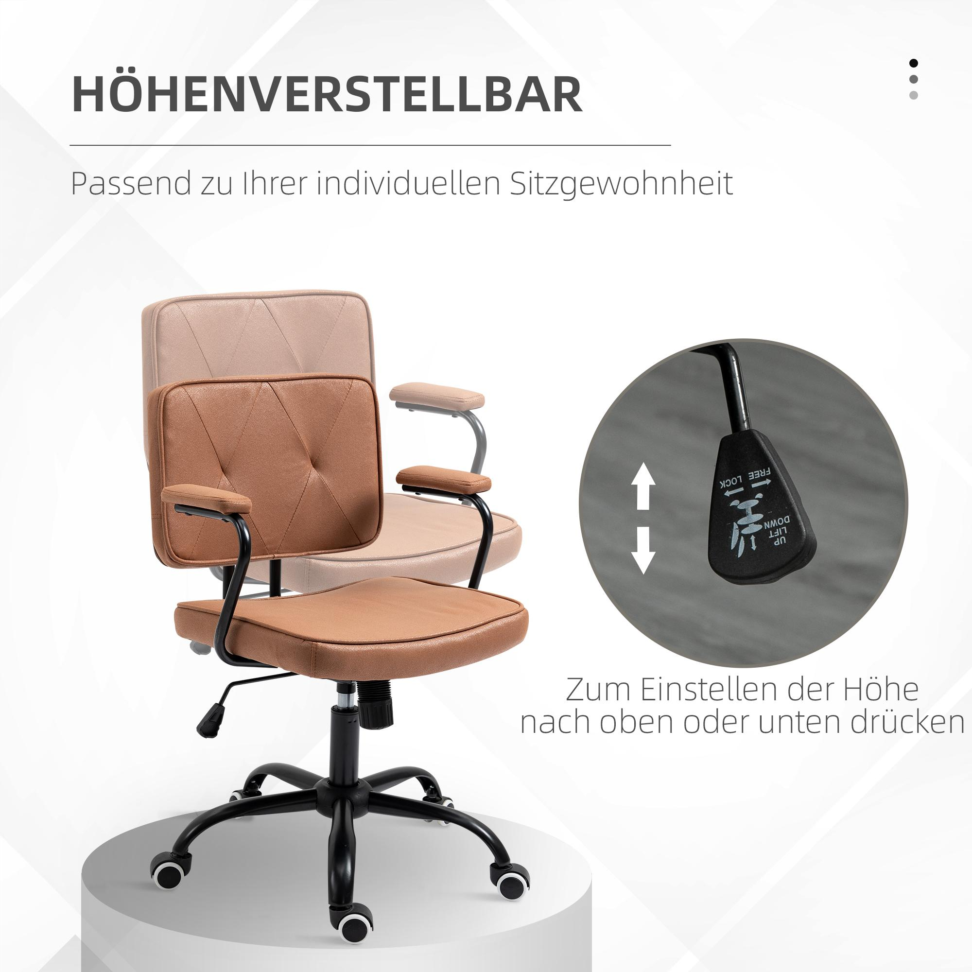 Bürostuhl mit braunem Sitz und Rücken, schwarzem Gestell und Höhenverstellhebel. Beiger Stuhl im Hintergrund.