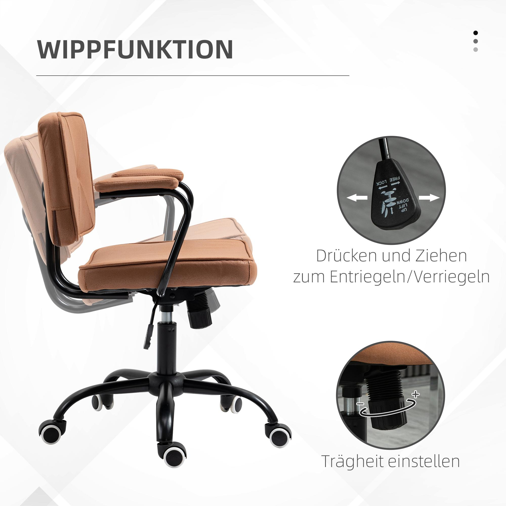 Ein Bürostuhl mit kippbarer Rückenlehne, Verstellknopf und schwarzem Gestell mit Rollen.
