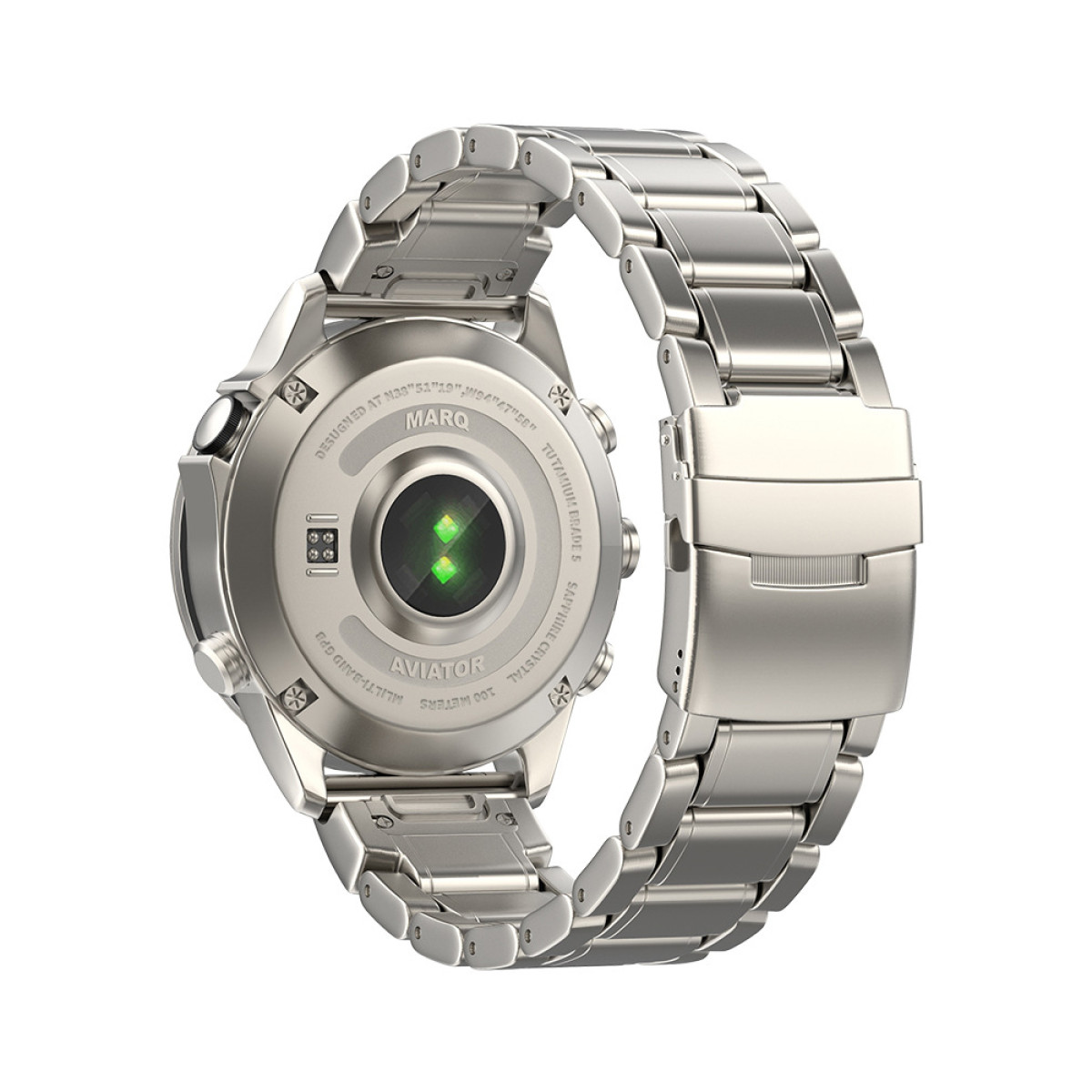 Die Rückseite einer silbernen Smartwatch mit Metallarmband. Grüner Sensor ist sichtbar.