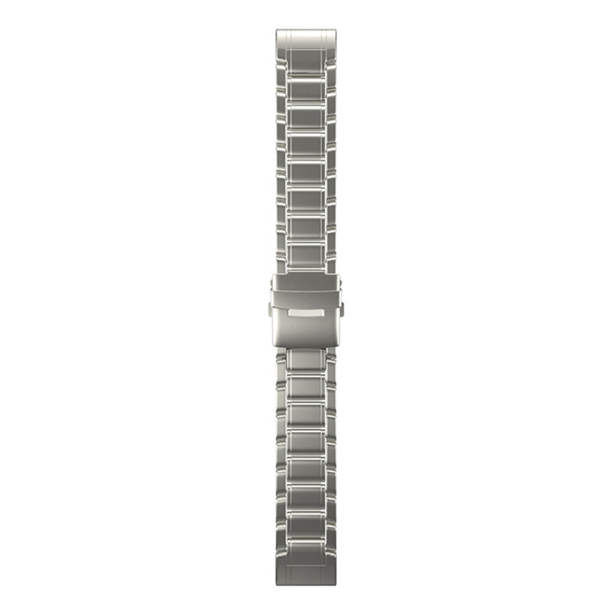 Ein glänzendes, metallisch-silbernes Uhrenarmband liegt zentriert vor weißem Hintergrund.
