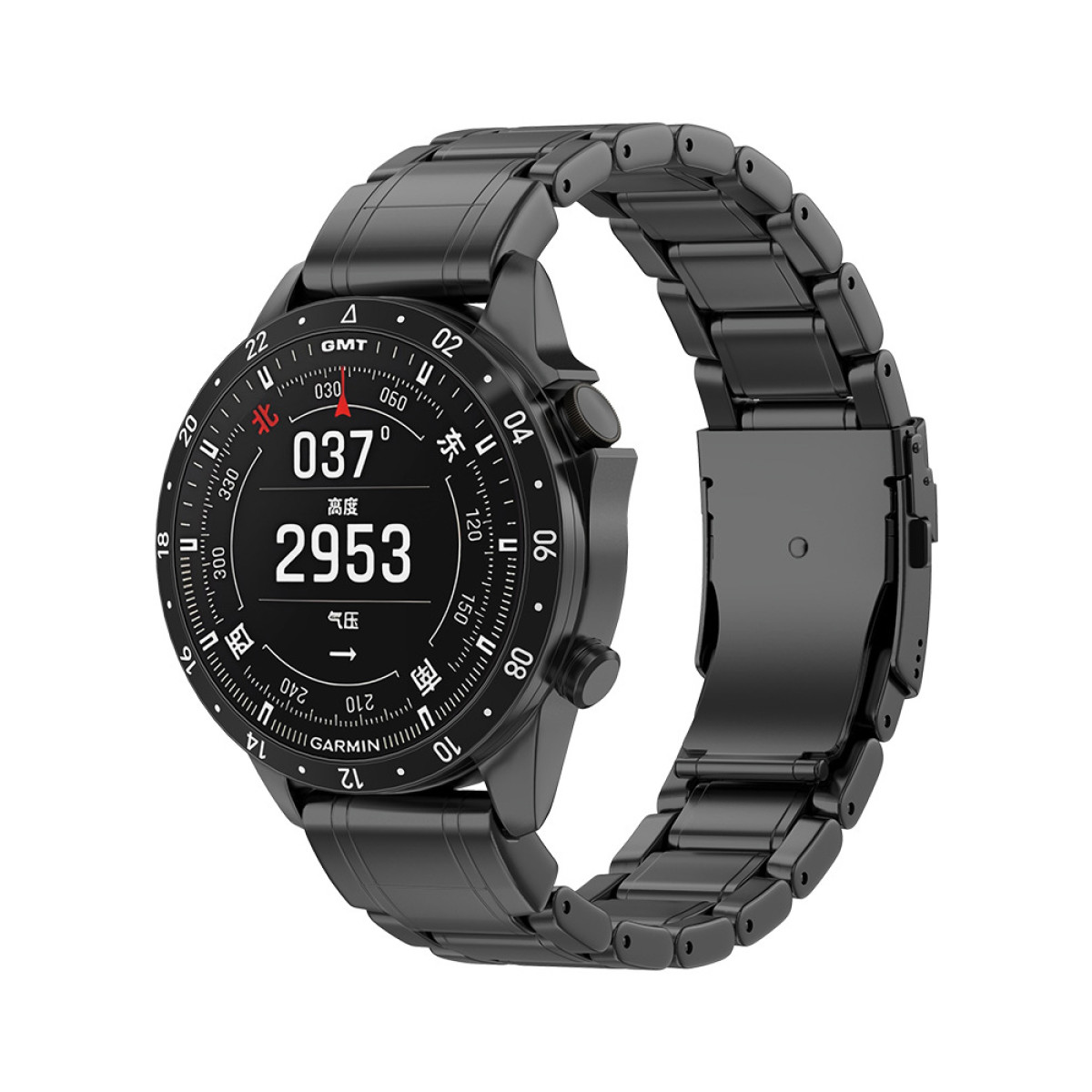 Eine schwarze Uhr mit schwarzem Armband. Das Zifferblatt zeigt Zahlen und Daten an.
