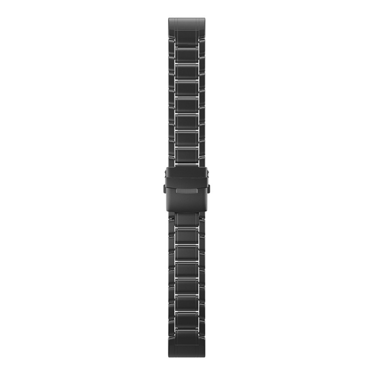 Ein schwarzes Uhrenarmband, das flach auf einer weißen Oberfläche liegt, mit einem Verschluss.