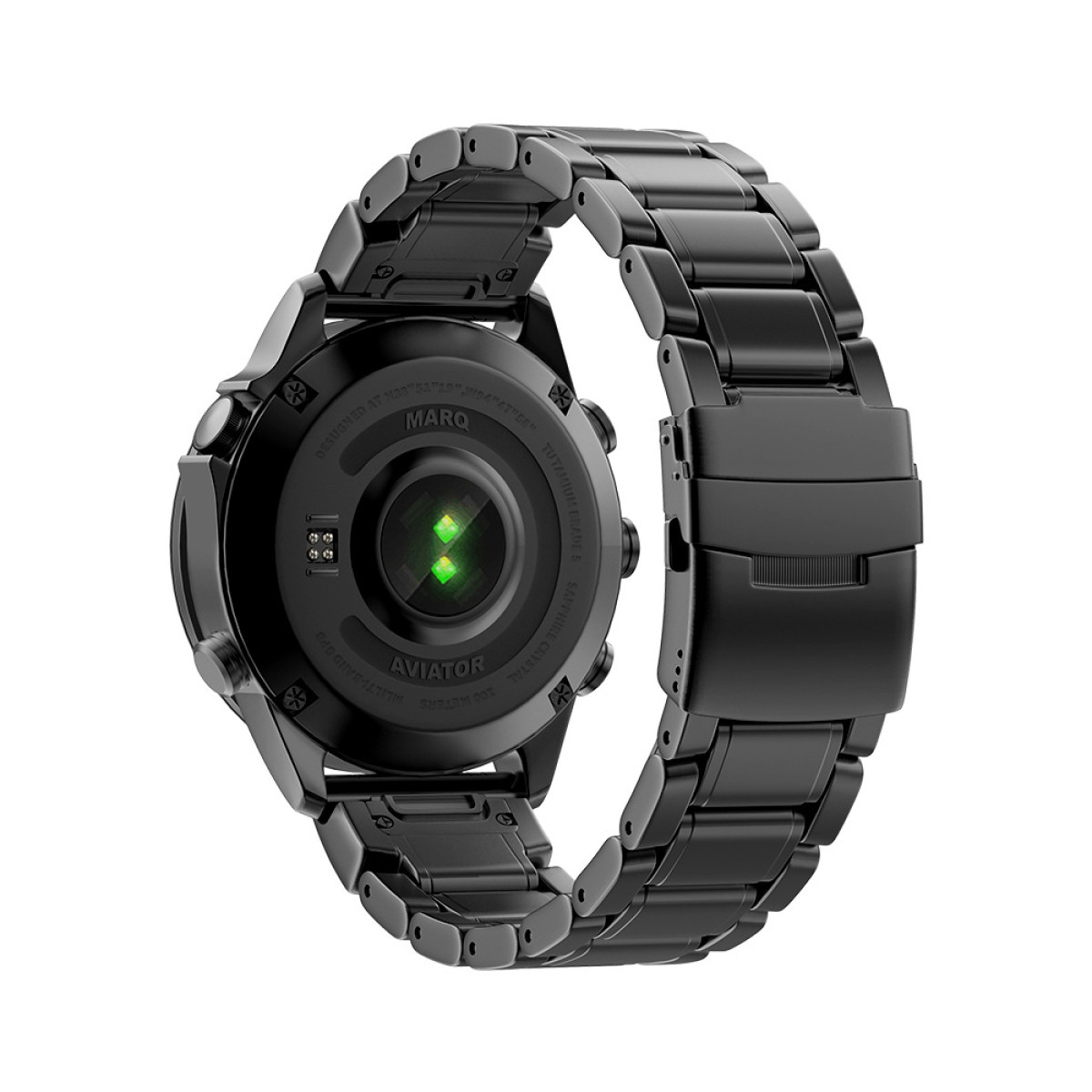 Die Rückseite einer schwarzen Smartwatch. Die Uhr zeigt Sensoren und den Markennamen.