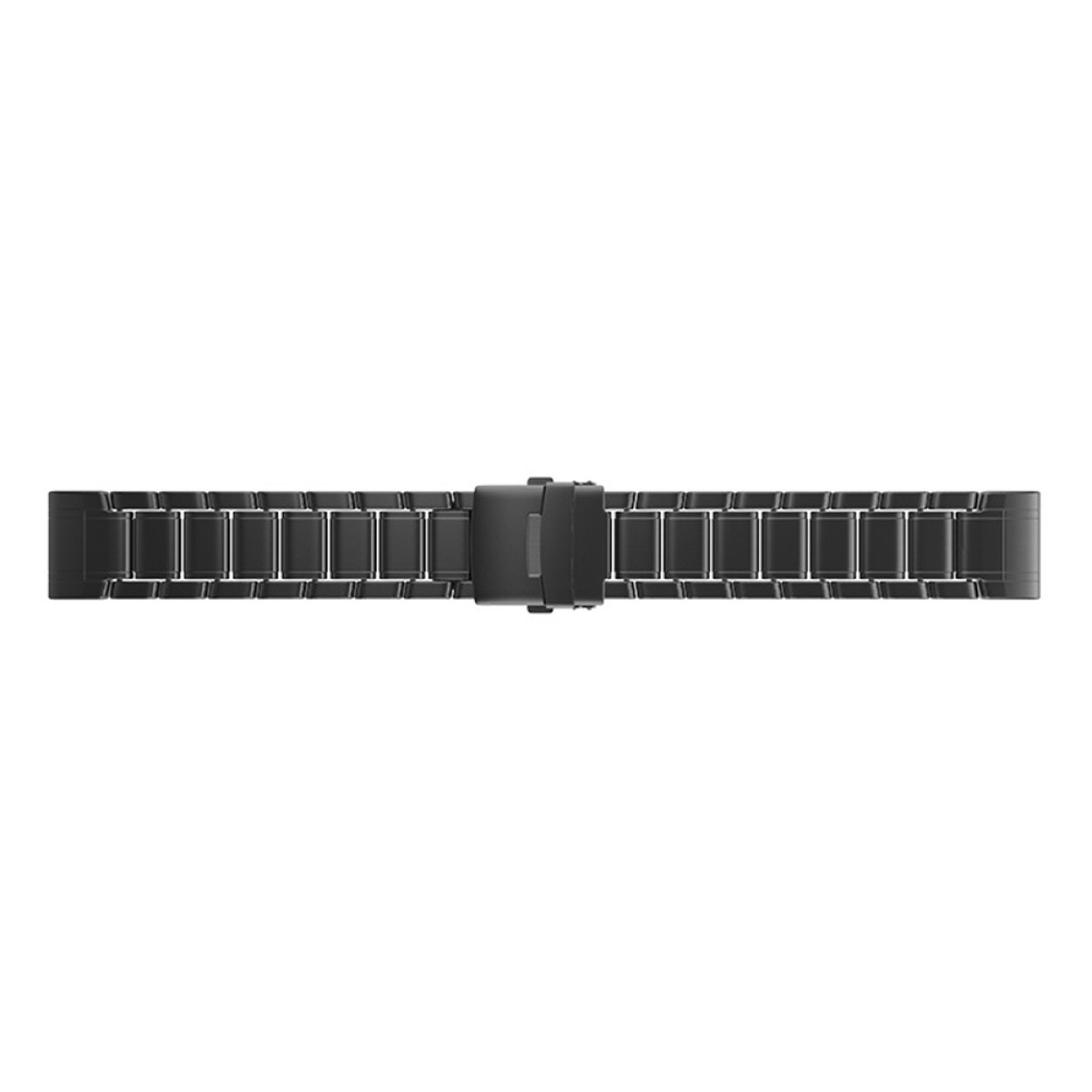 Ein gerades, zentriertes, schwarzes Uhrenarmband vor weißem Hintergrund.