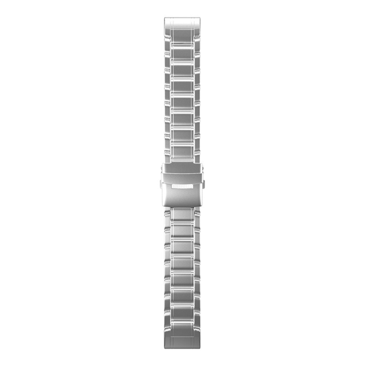 Ein silbernes Uhrenarmband mit Verschluss, vor weißem Hintergrund gezeigt.