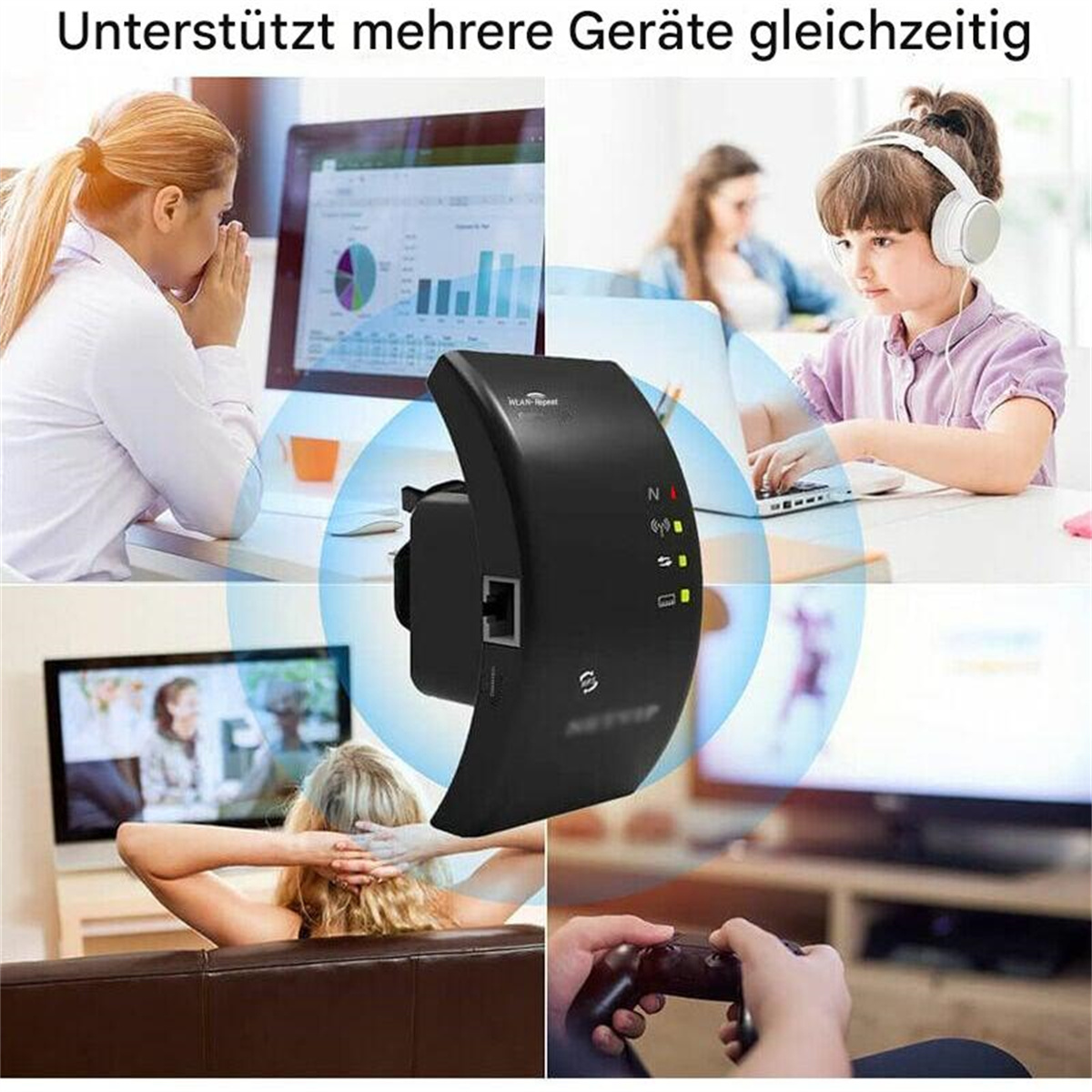 Ein Netzwerk-Extender, mit mehreren Geräten, einschließlich Laptop, Tablet und Telefon, sind verbunden.
