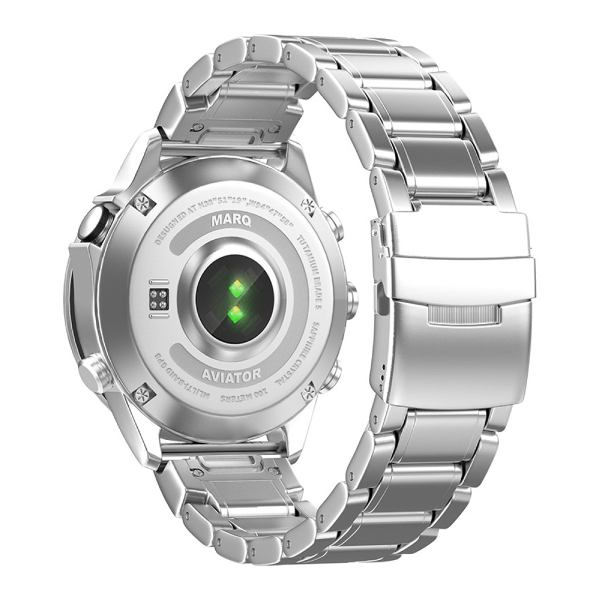 Rückseite einer silbernen Smartwatch mit Herzfrequenzsensor und Metallarmband.