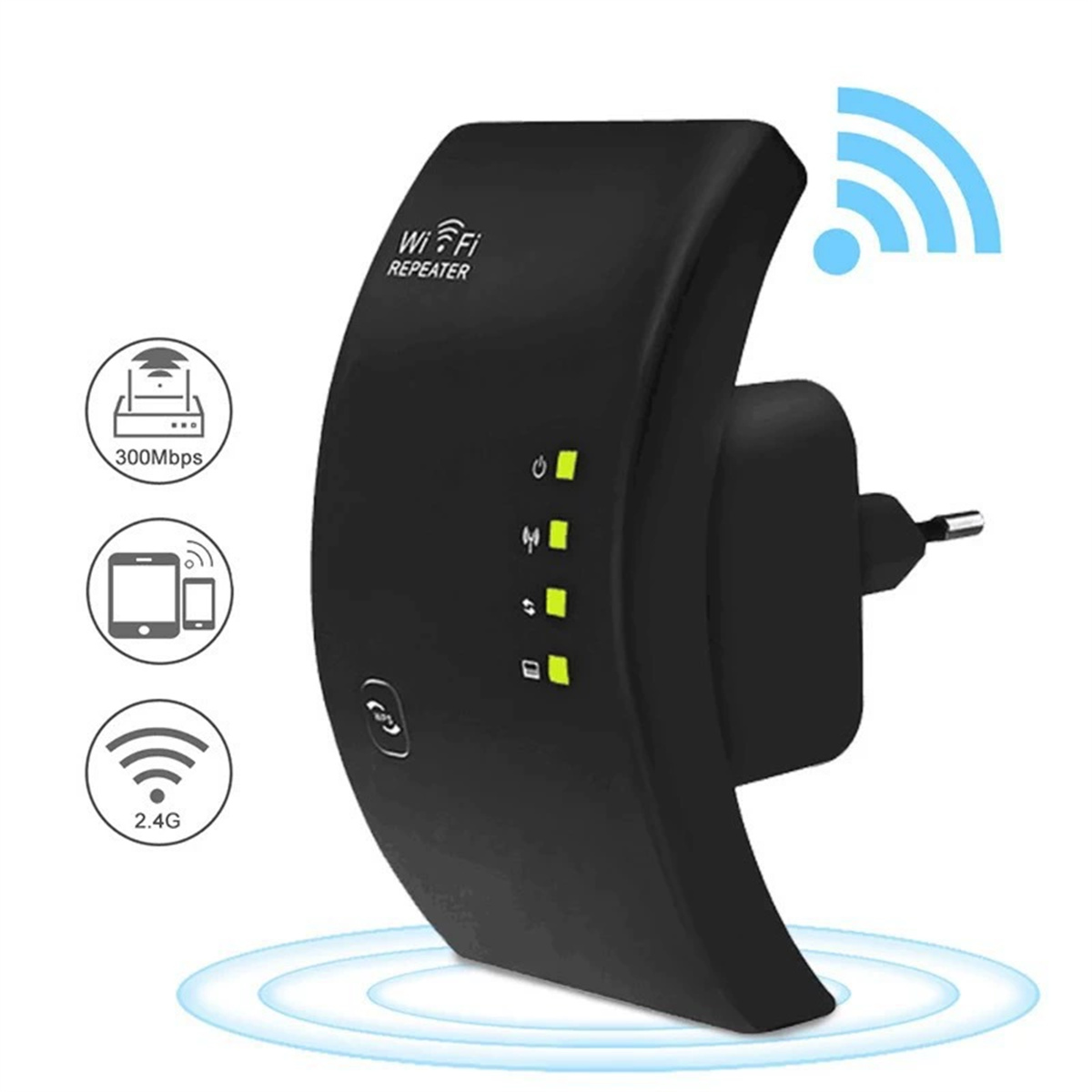 Schwarzer WLAN-Repeater, der an eine Steckdose angeschlossen ist, mit drei grünen Lichtern und einem blauen WLAN-Signal-Symbol.