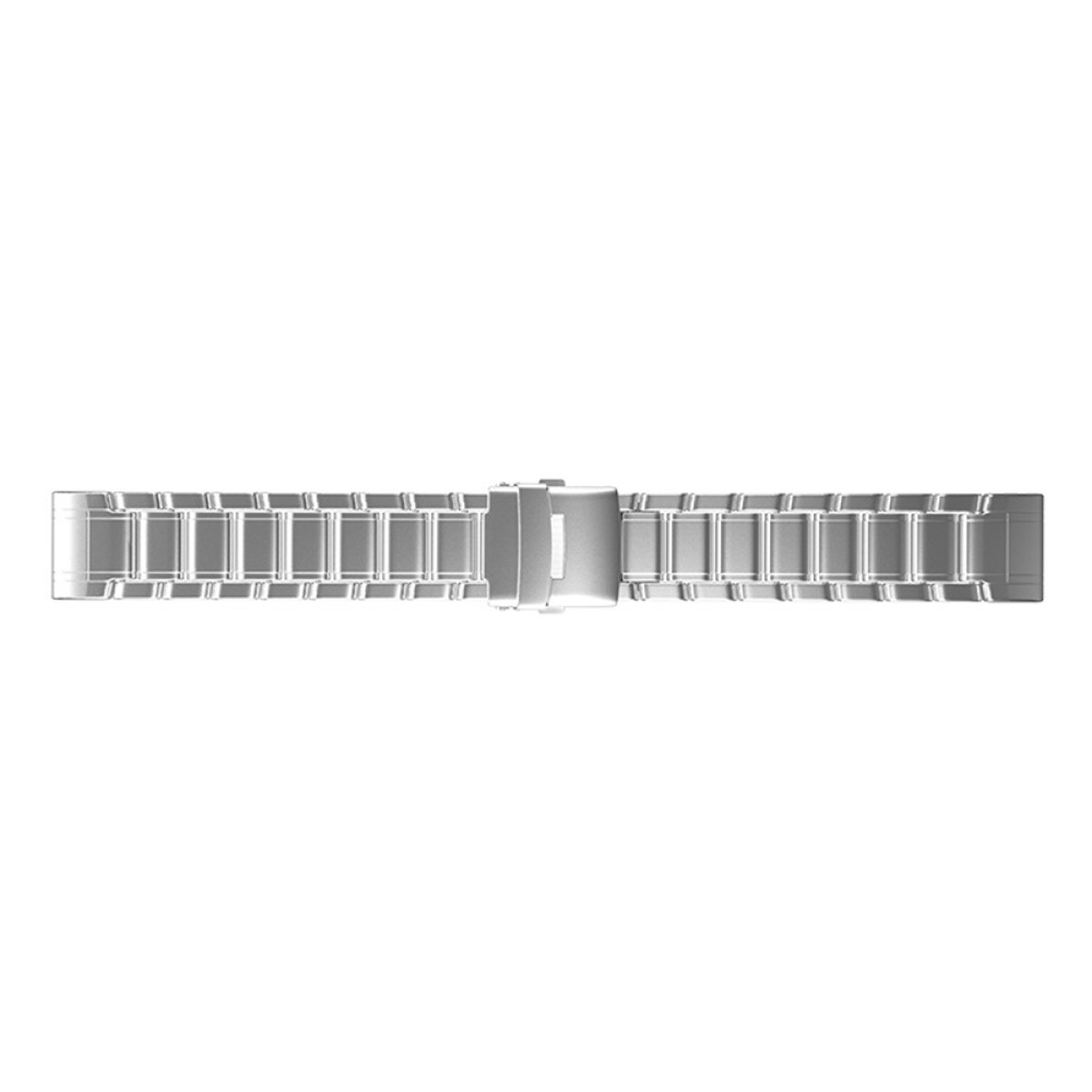 Ein silbernes Uhrenarmband liegt flach, bestehend aus rechteckigen Gliedern mit einem zentralen Verschluss.