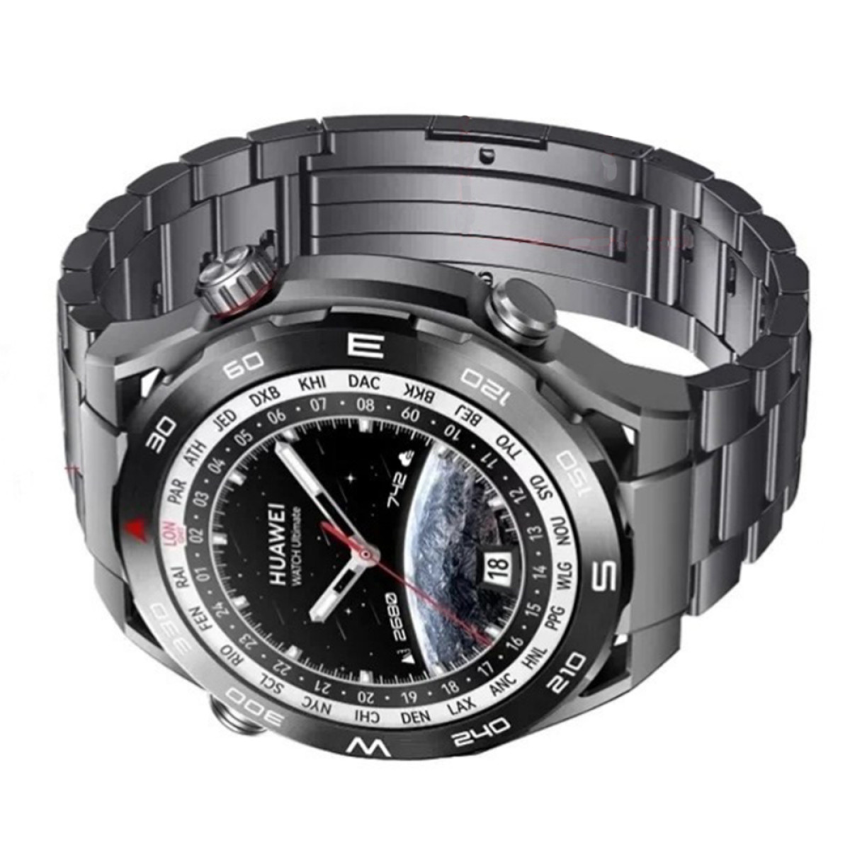 Eine runde, silberne Uhr mit schwarzem Zifferblatt, Weltkarten-Grafik und Metallarmband.