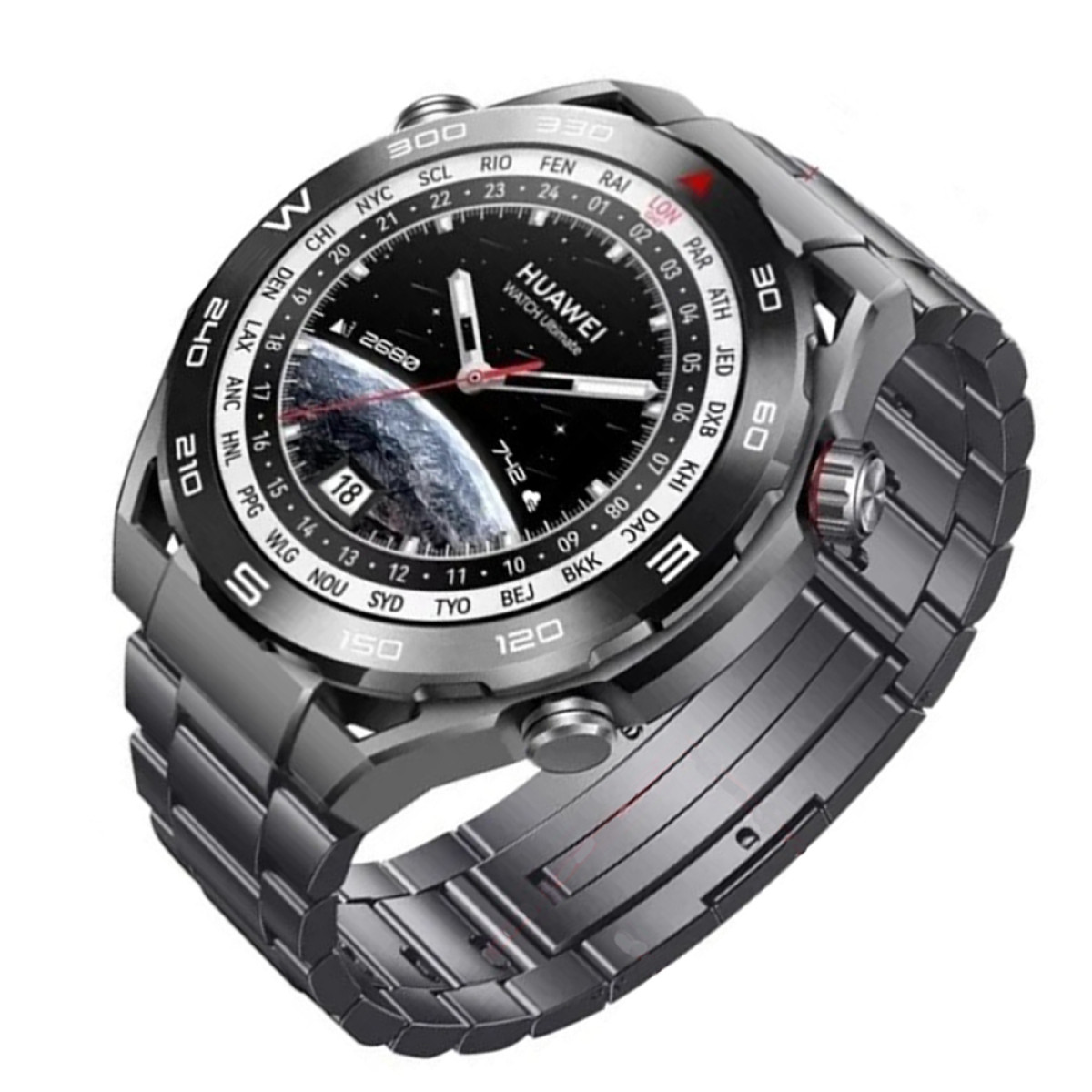 Eine silberne Smartwatch mit schwarzer Lünette und Display mit Weltraumszene, mit silbernem Metallarmband.