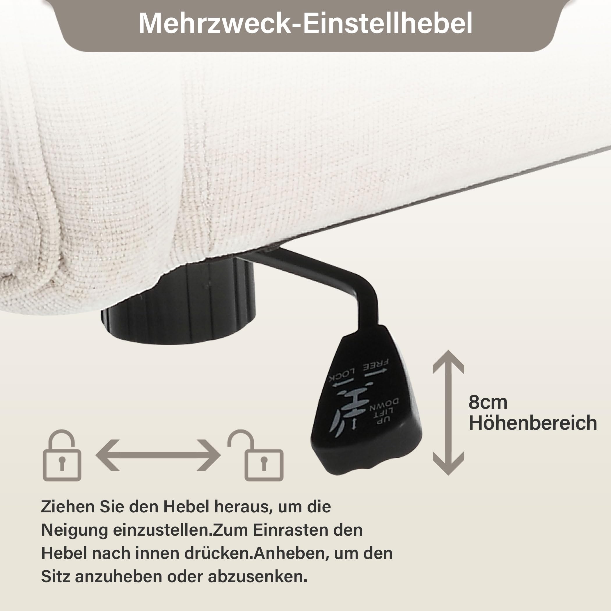 Nahaufnahme eines Hebels mit Pfeilen, die nach oben und unten zeigen, und Text auf Deutsch zur Stuhleinstellung.