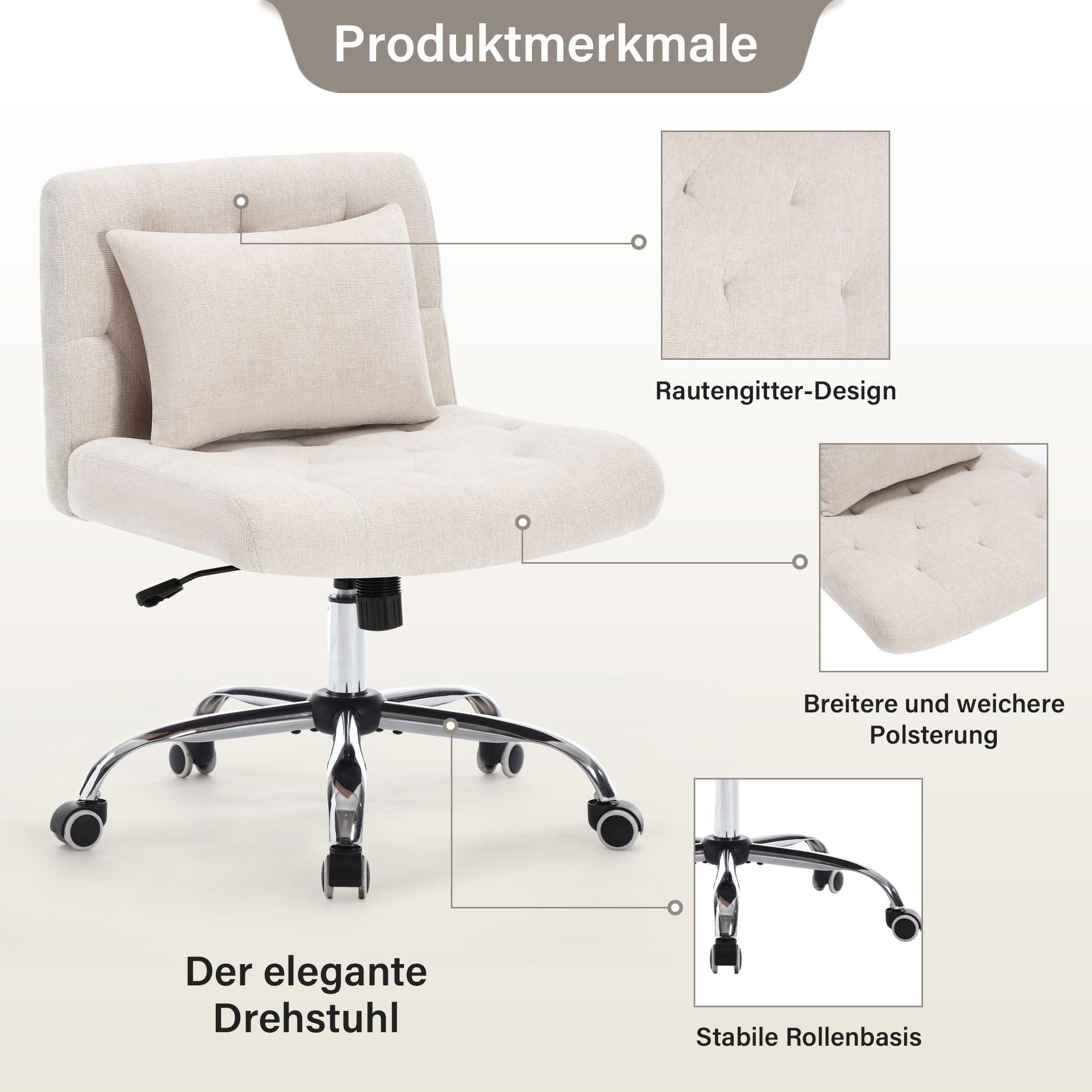 Beiger Bürostuhl mit Kissen, Rautenmuster und Chromfuß. Merkmale sind breitere Polsterung und stabiler Fuß.