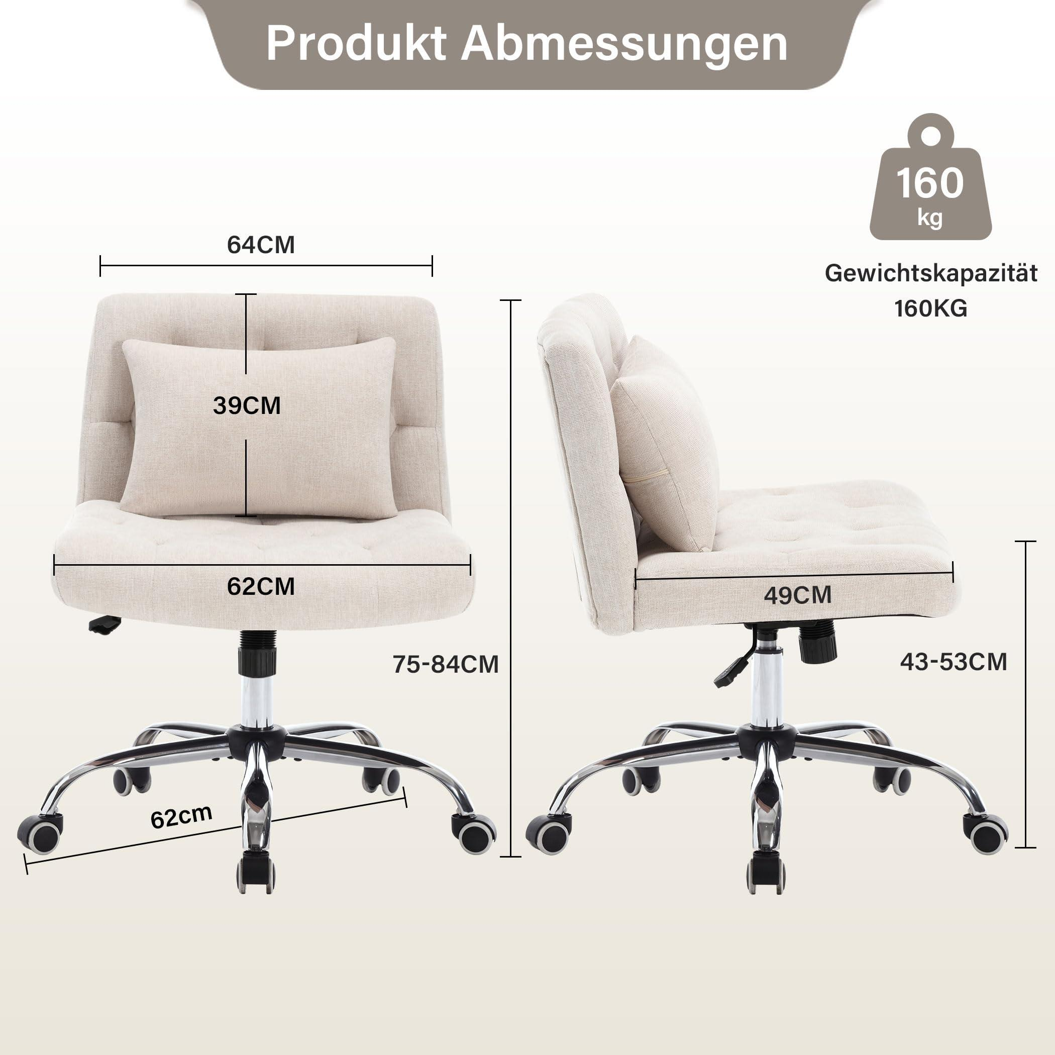 Zwei Ansichten eines beigen Bürostuhls mit Maßen. Weißes Kissen liegt auf dem Rücken. Chrombasis mit Rädern.
