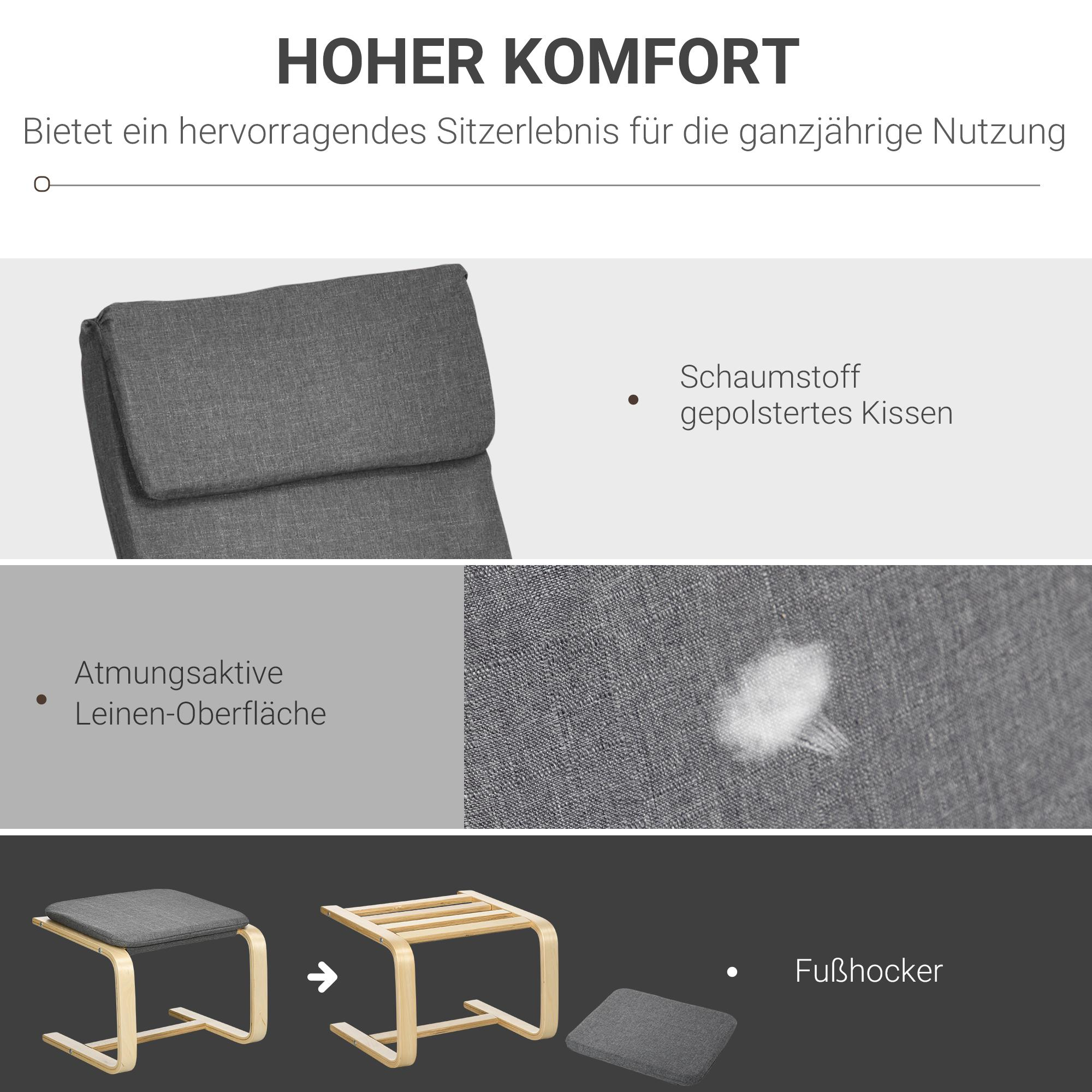 Nahaufnahme von Stuhl- und Fußhockerd details. Merkmale sind atmungsaktive Leinenoberfläche, schaumstoffgepolstertes Kissen.