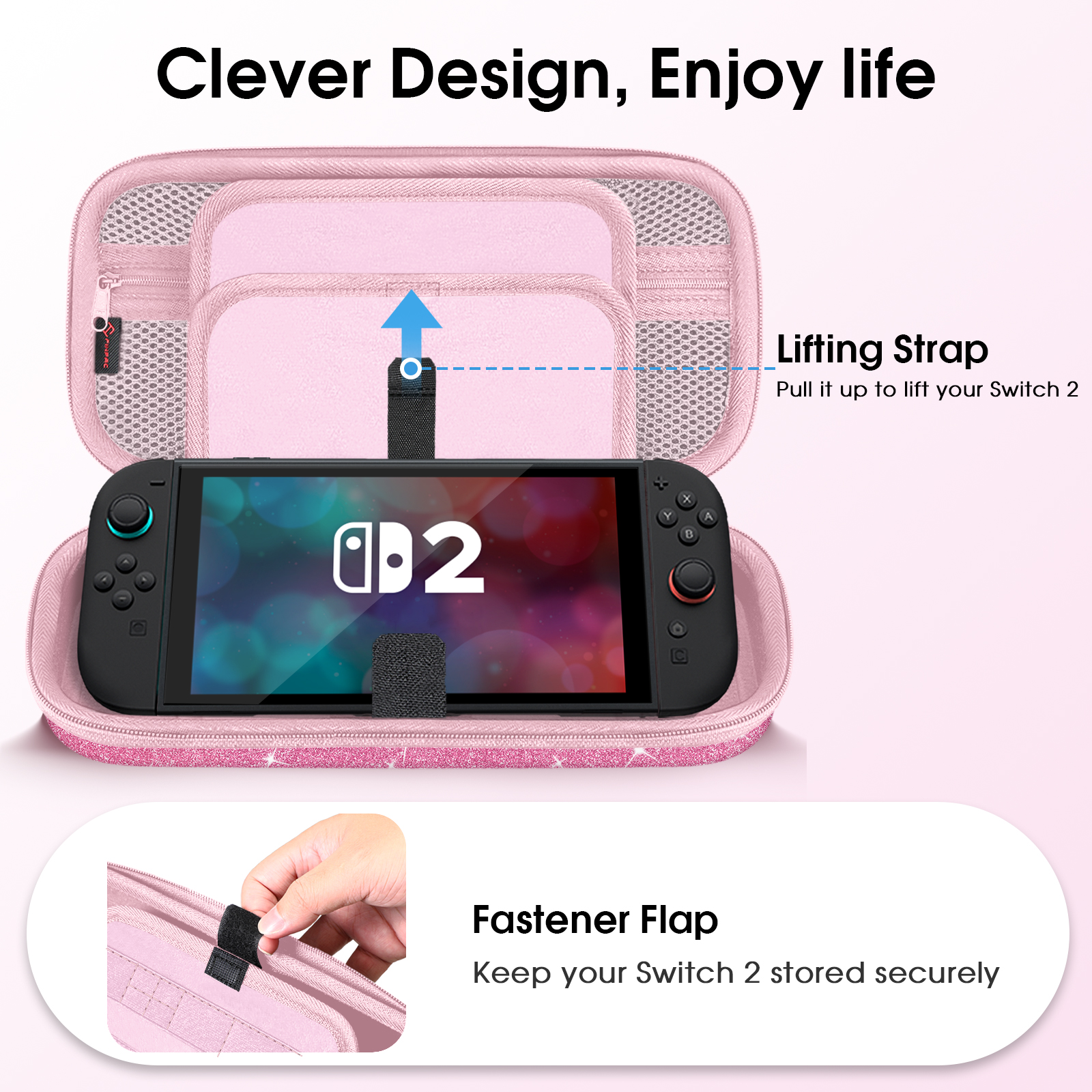 Rosa Hülle mit Spielkonsole, Hebegurt und Verschlusslasche, als Switch 2 bezeichnet.